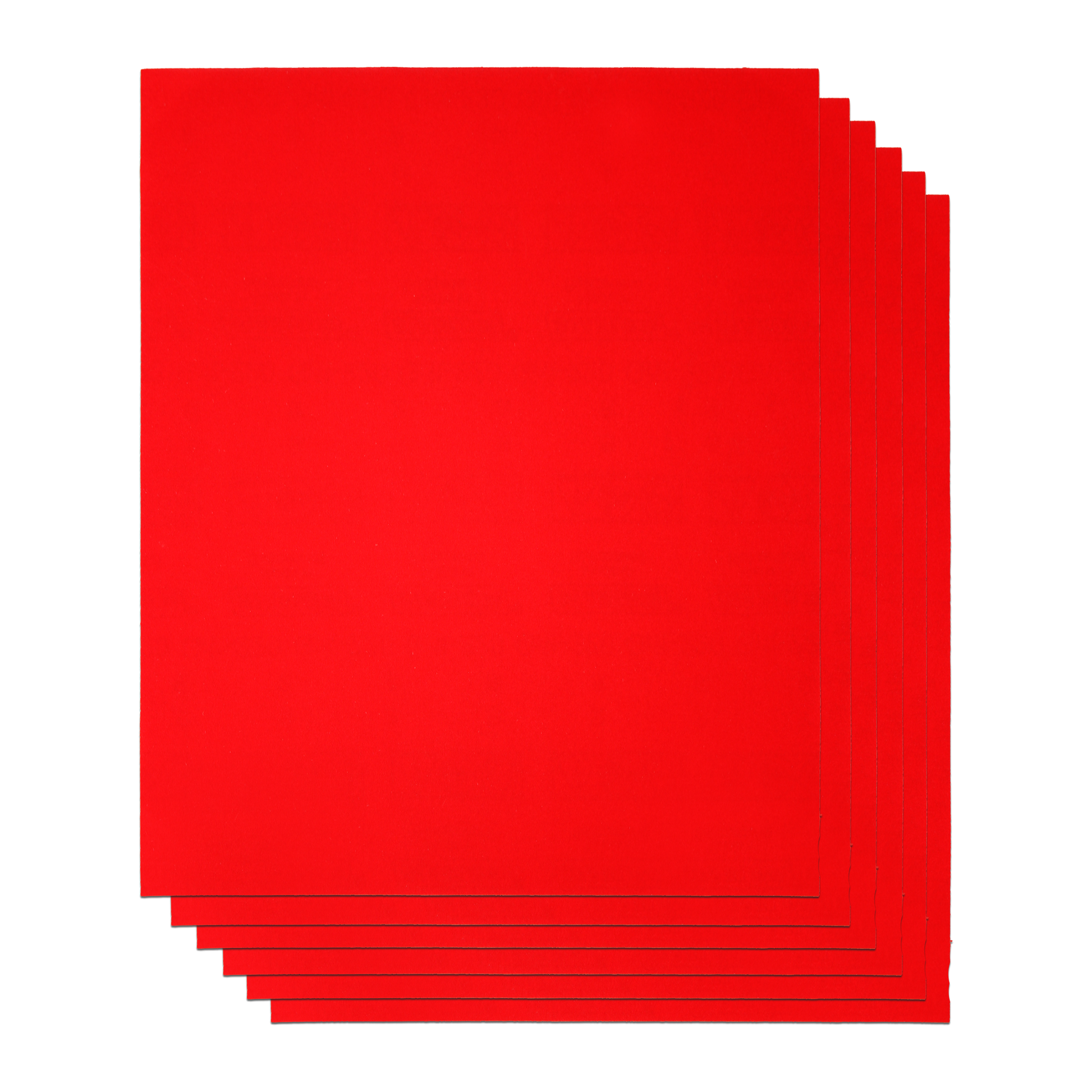 Six red rectangular sanding sheets fanned in a stack against white background.