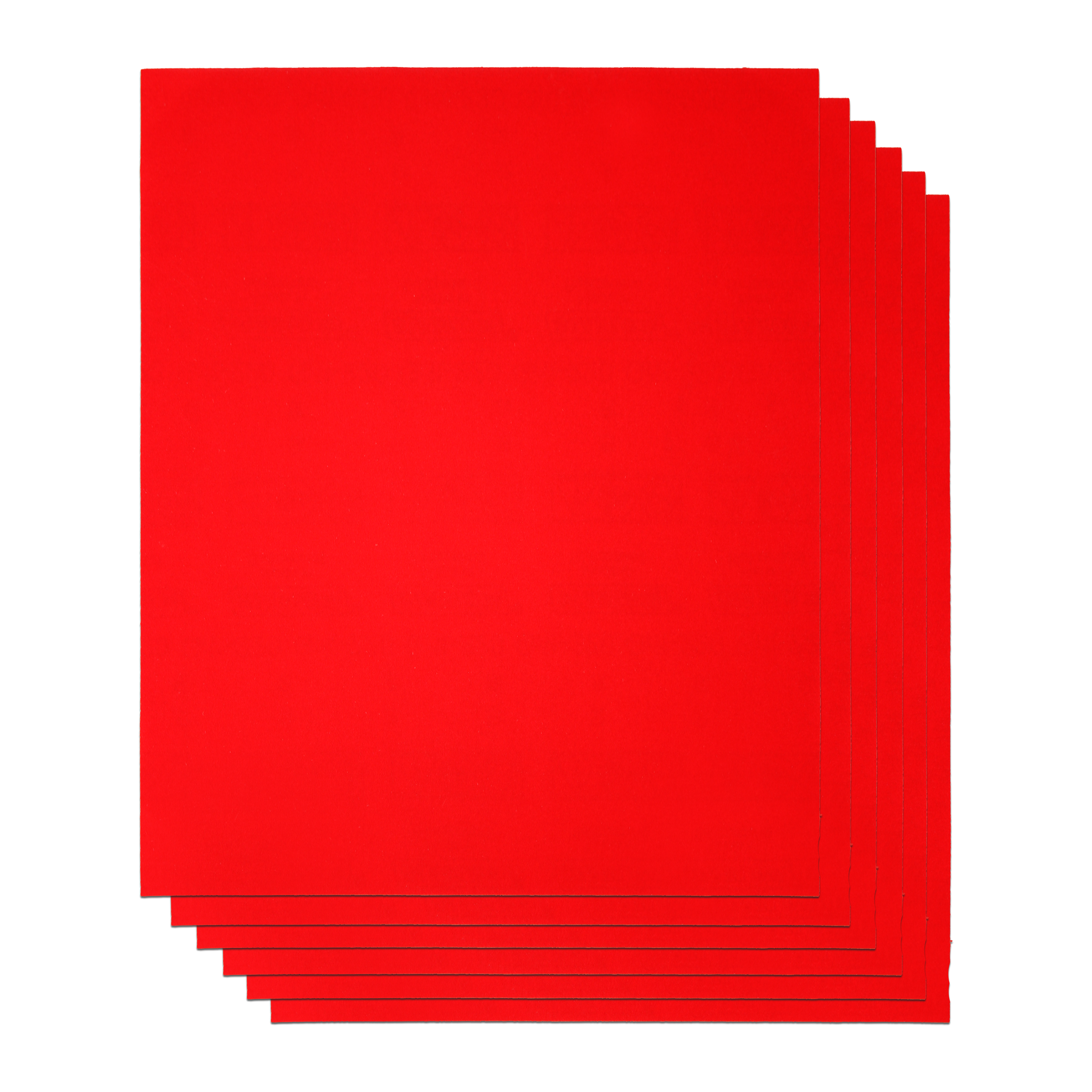 Six red rectangular sanding sheets fanned in a stack against white background.