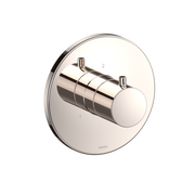 Polished nickel round shower diverter trim with cylindrical control knob and two outlet ports.