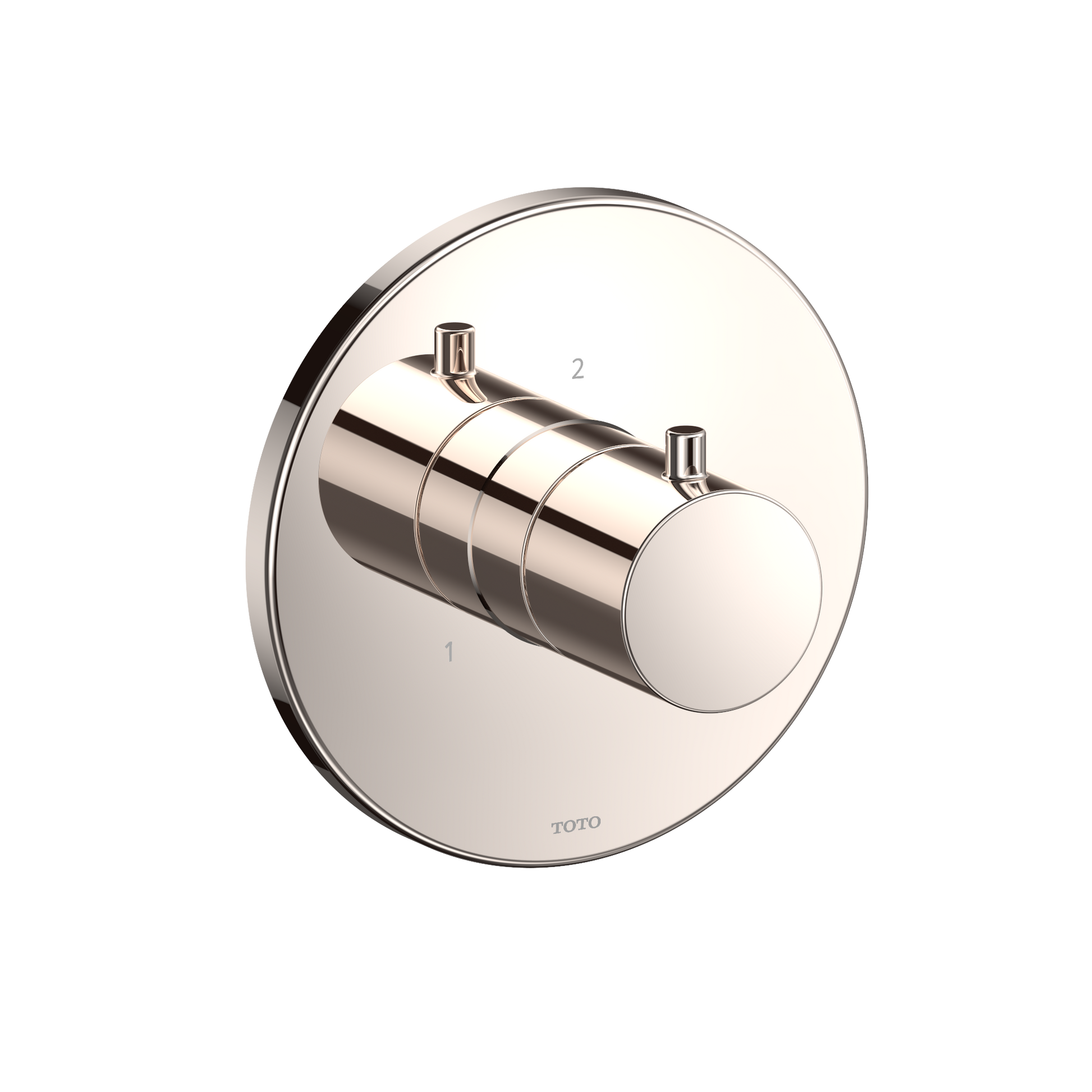 Polished nickel round shower diverter trim with cylindrical control knob and two outlet ports.