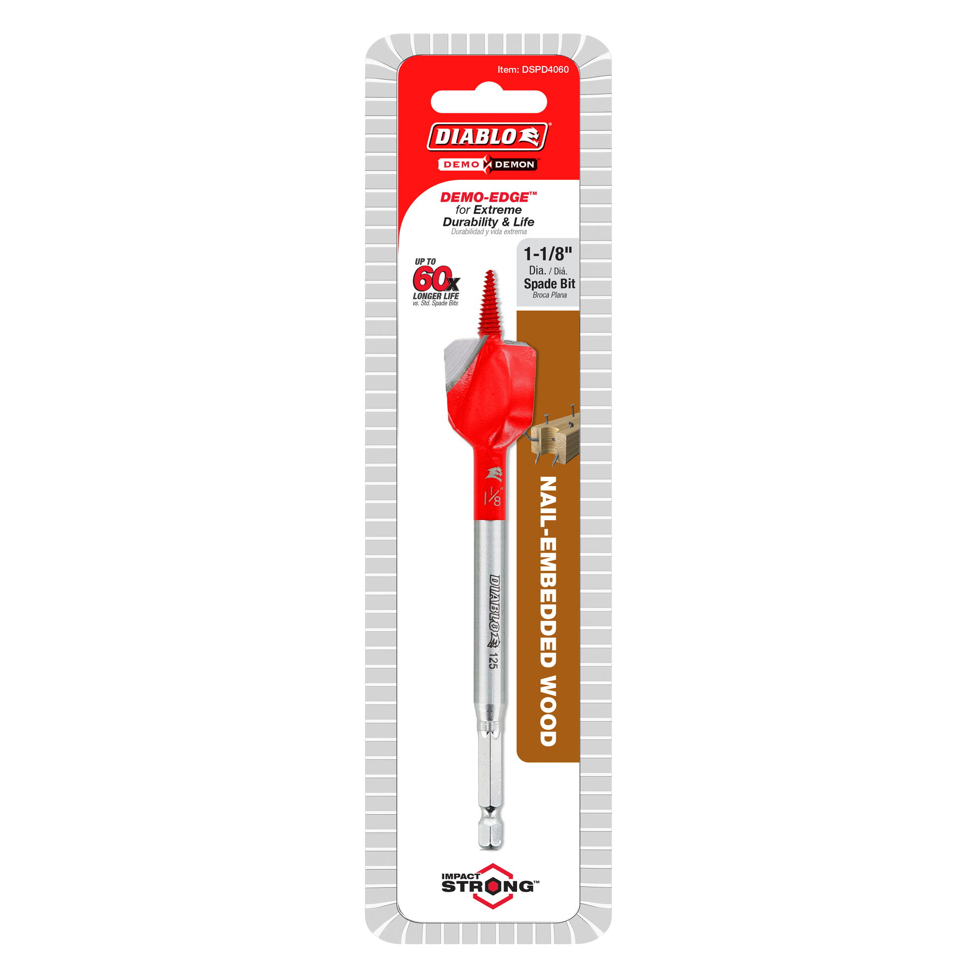 Diablo 1-1/8 inch red spade bit with silver shaft in retail packaging.