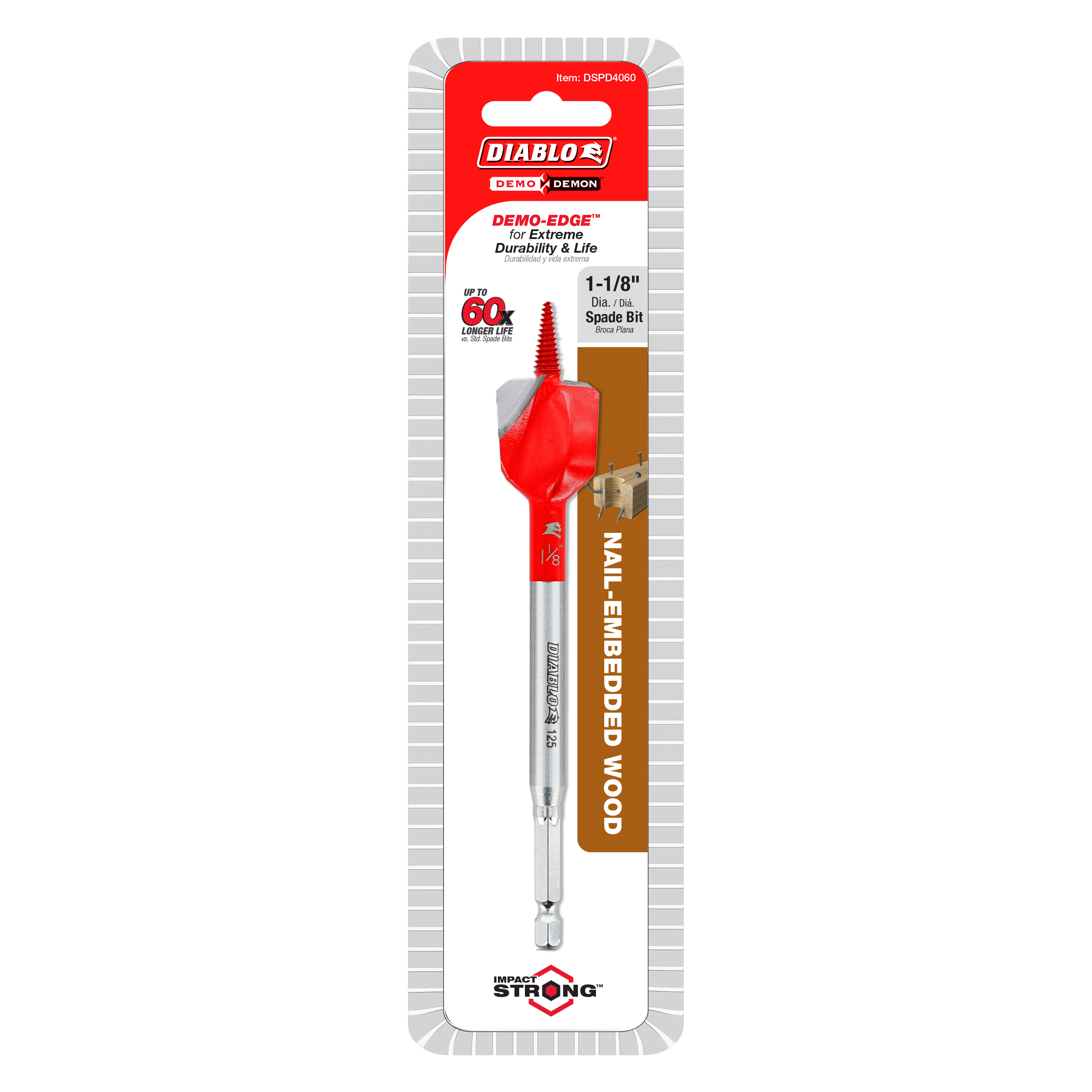 Diablo 1-1/8 inch red spade bit with silver shaft in retail packaging.