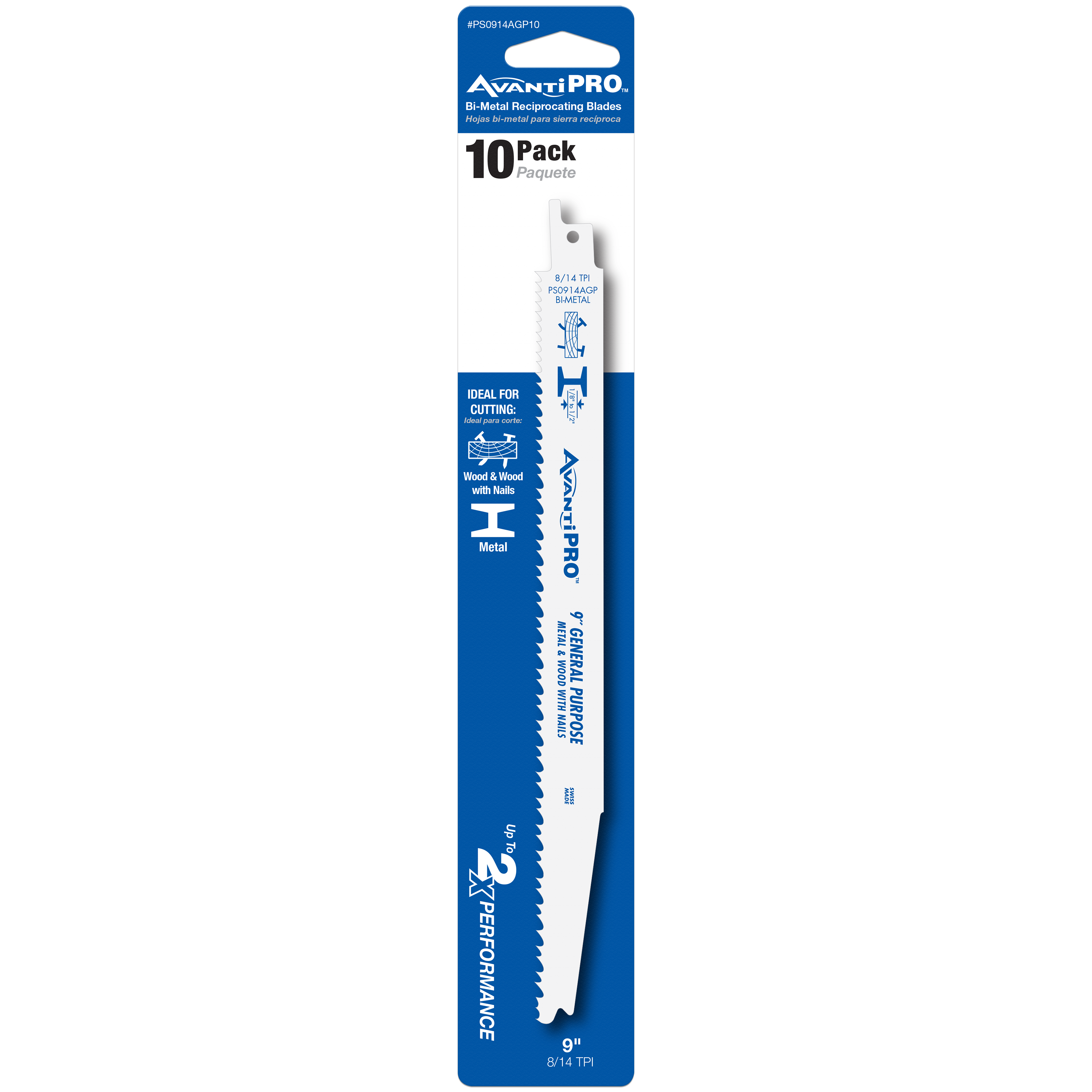 AvantiPro bi-metal reciprocating saw blade in 9" length with 8/14 TPI teeth on packaging card labeled 10-pack.
