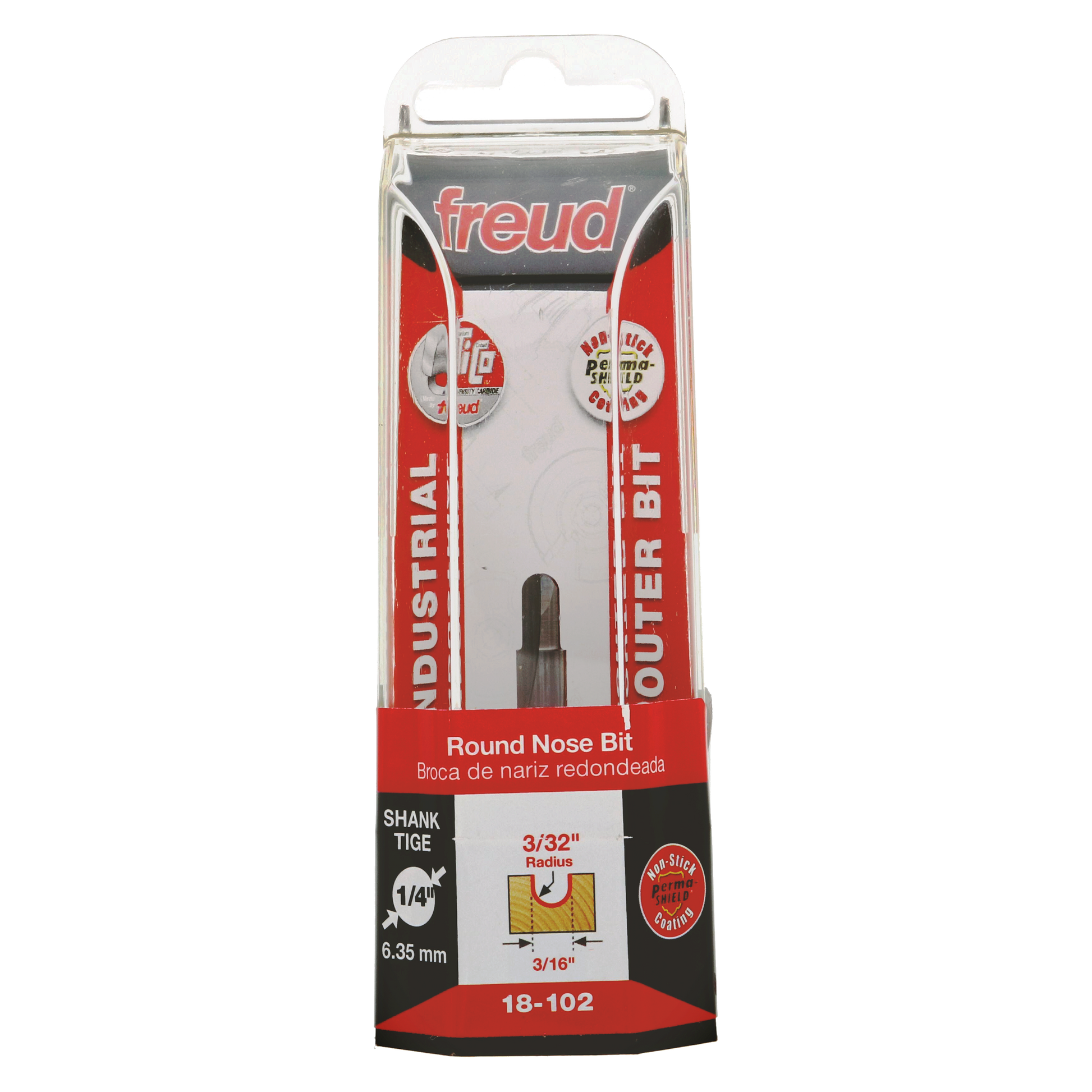 Freud round nose router bit with 3/32" radius in retail packaging showing specifications and 1/4" shank size.