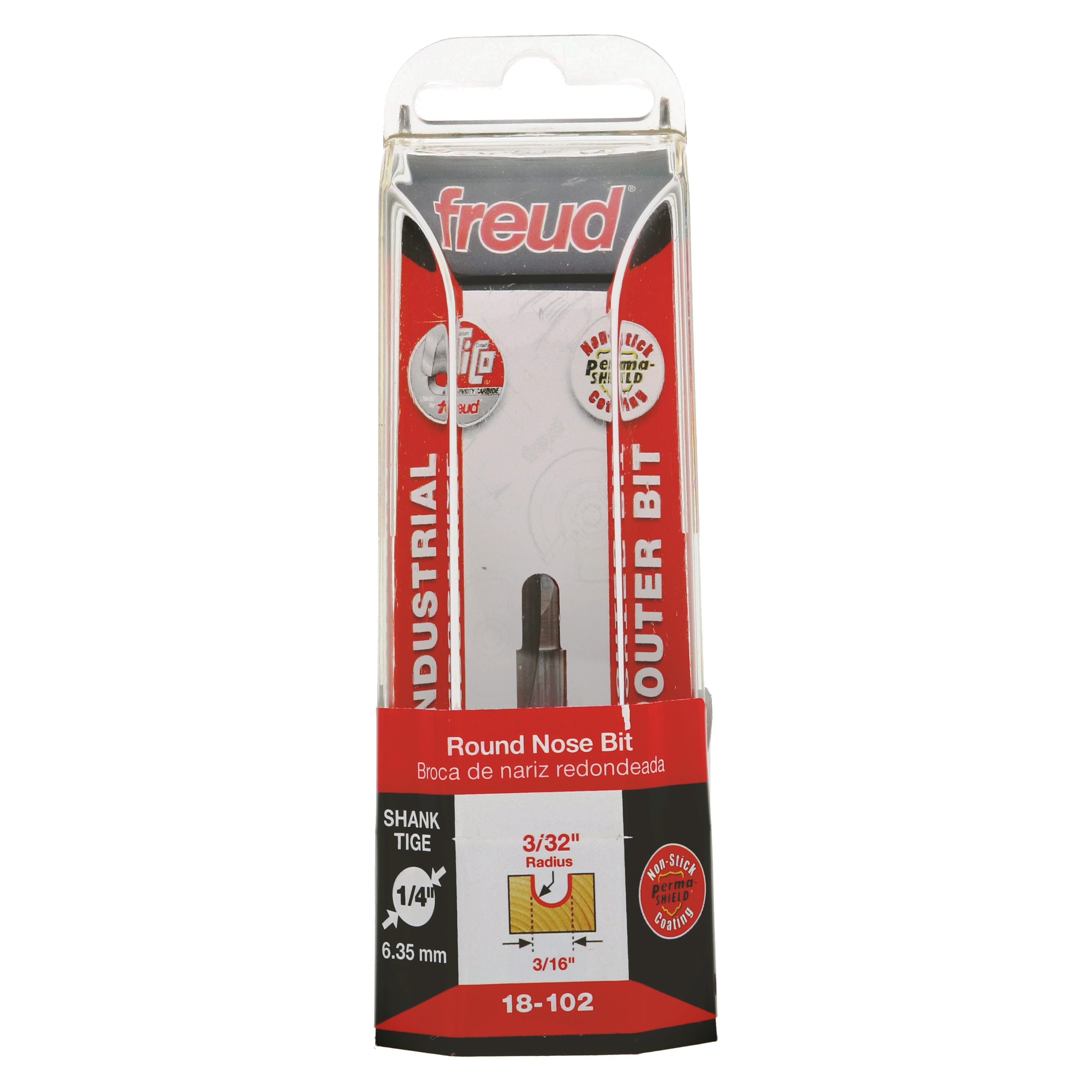 Freud round nose router bit with 3/32" radius in retail packaging showing specifications and 1/4" shank size.
