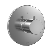 Polished chrome round shower diverter trim with cylindrical knob and numbered dial positions on circular plate.