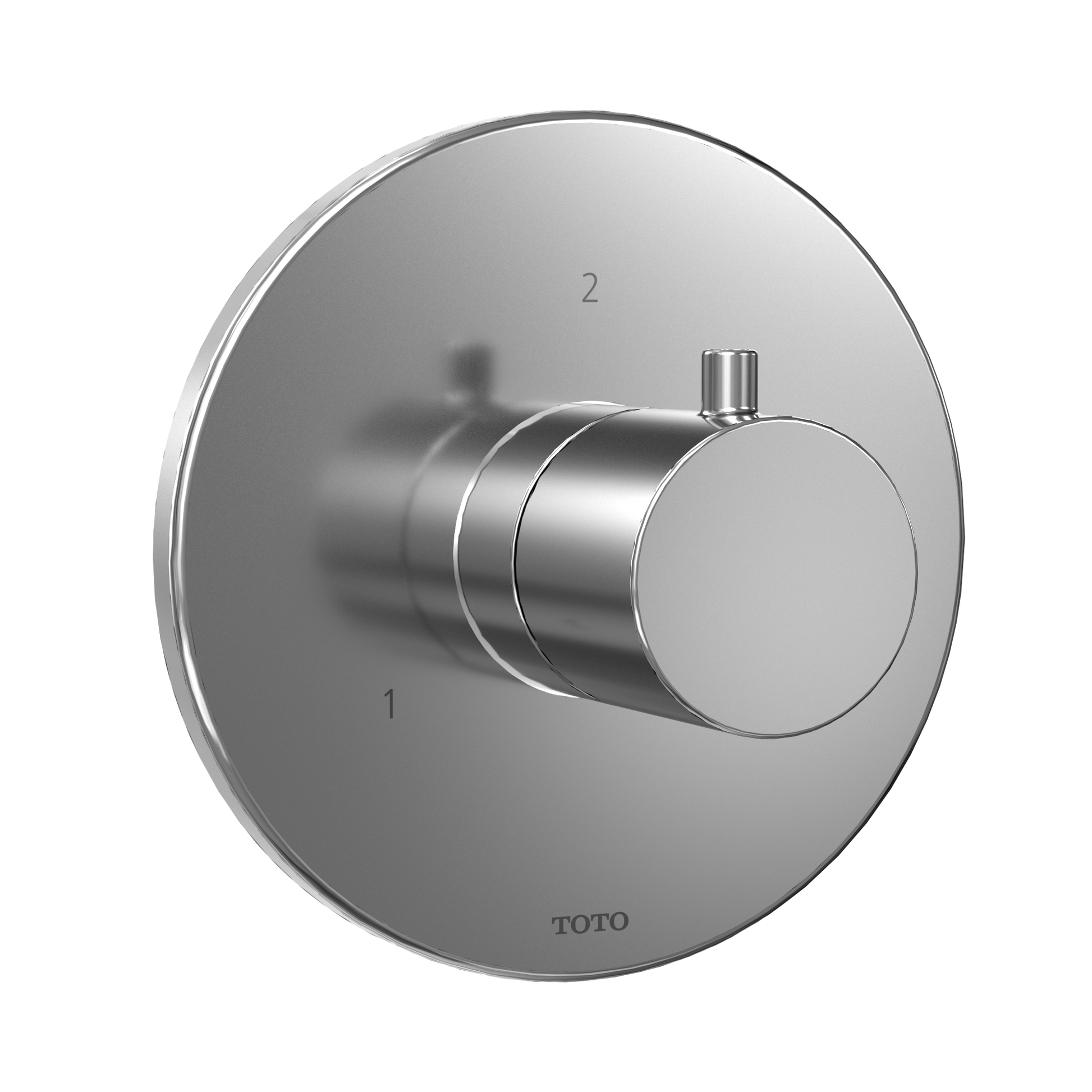 Polished chrome round shower diverter trim with cylindrical knob and numbered dial positions on circular plate.