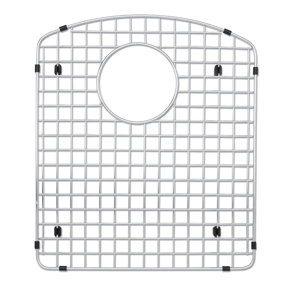 Stainless steel sink grid with square pattern and circular drain opening, featuring black rubber corner feet and mounting pos