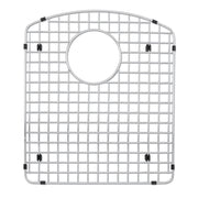 Stainless steel sink grid with square pattern and circular drain opening, featuring black rubber corner feet and mounting pos