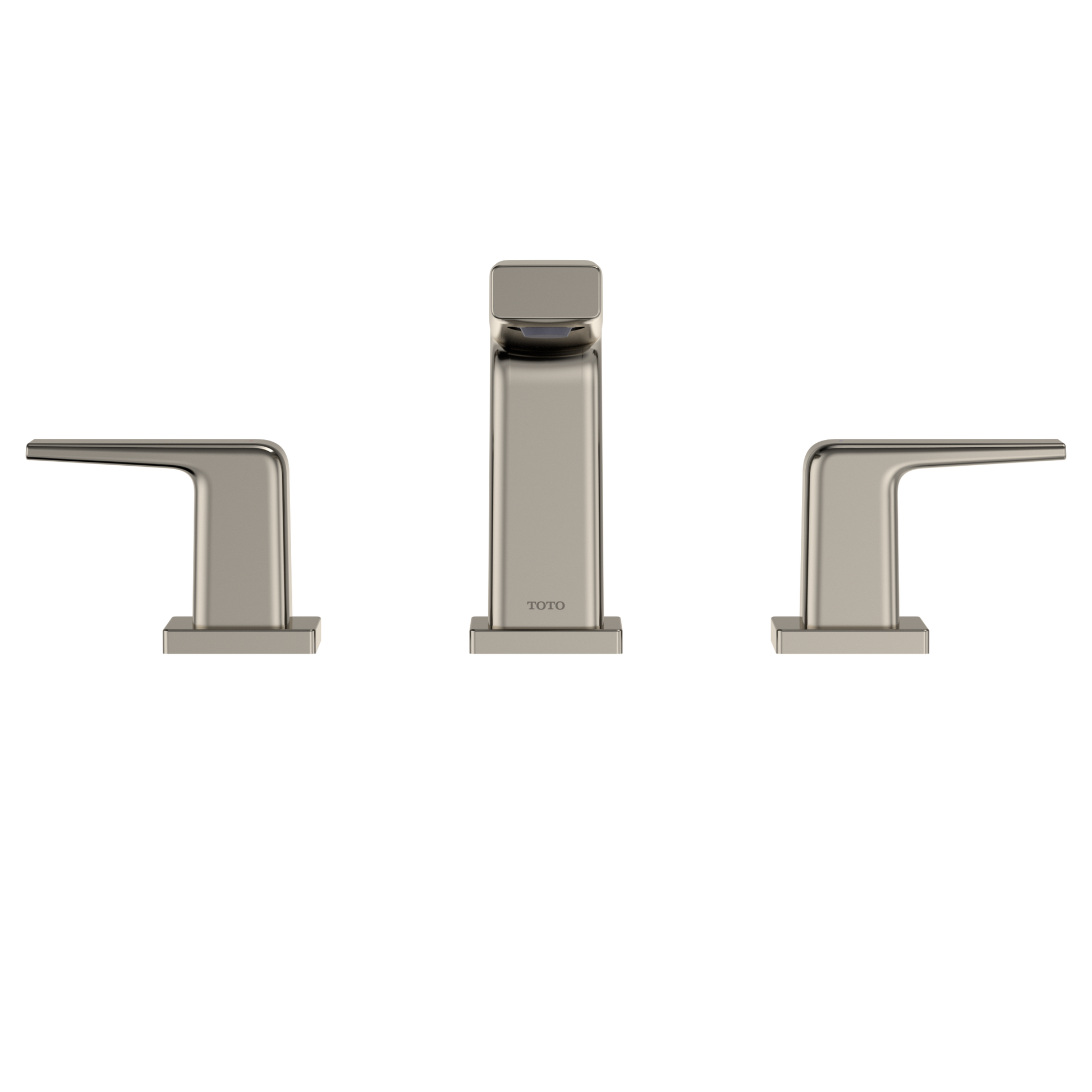 Polished nickel widespread bathroom sink faucet with two lever handles and tall center spout.