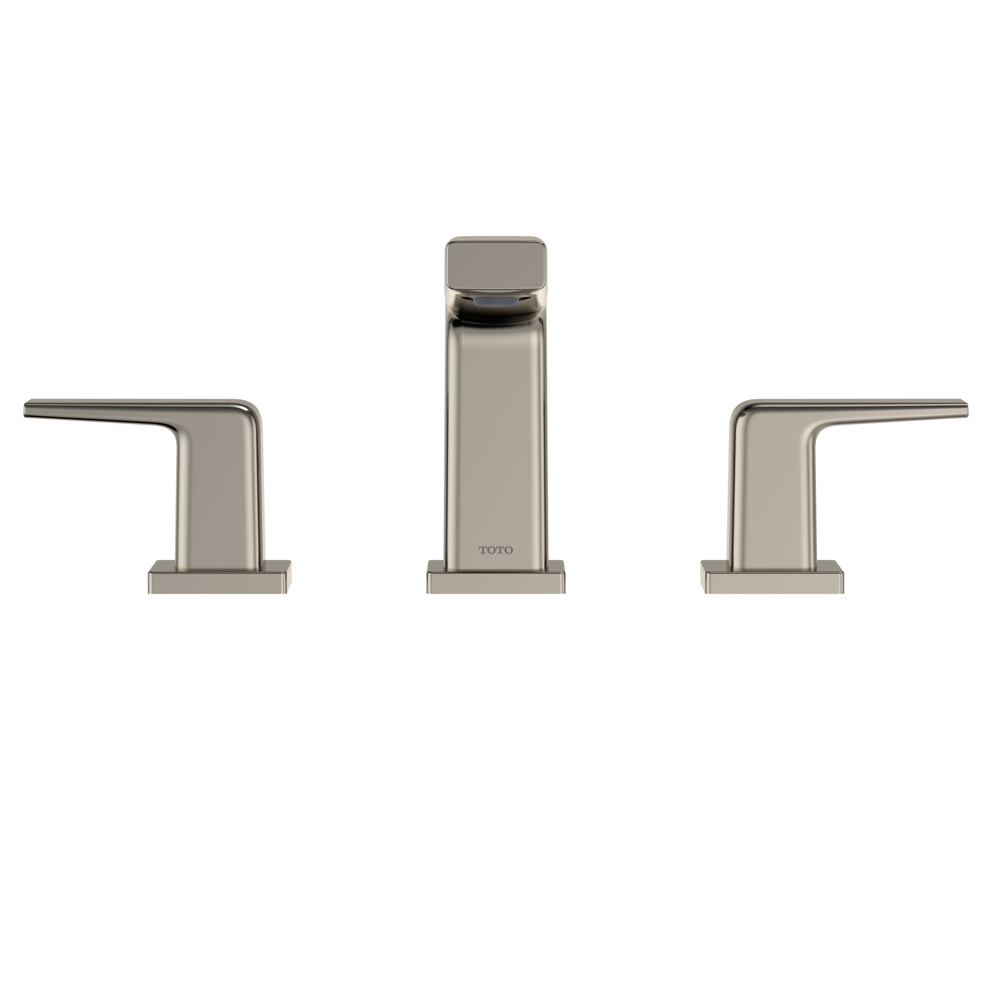 Polished nickel widespread bathroom sink faucet with two lever handles and tall center spout.