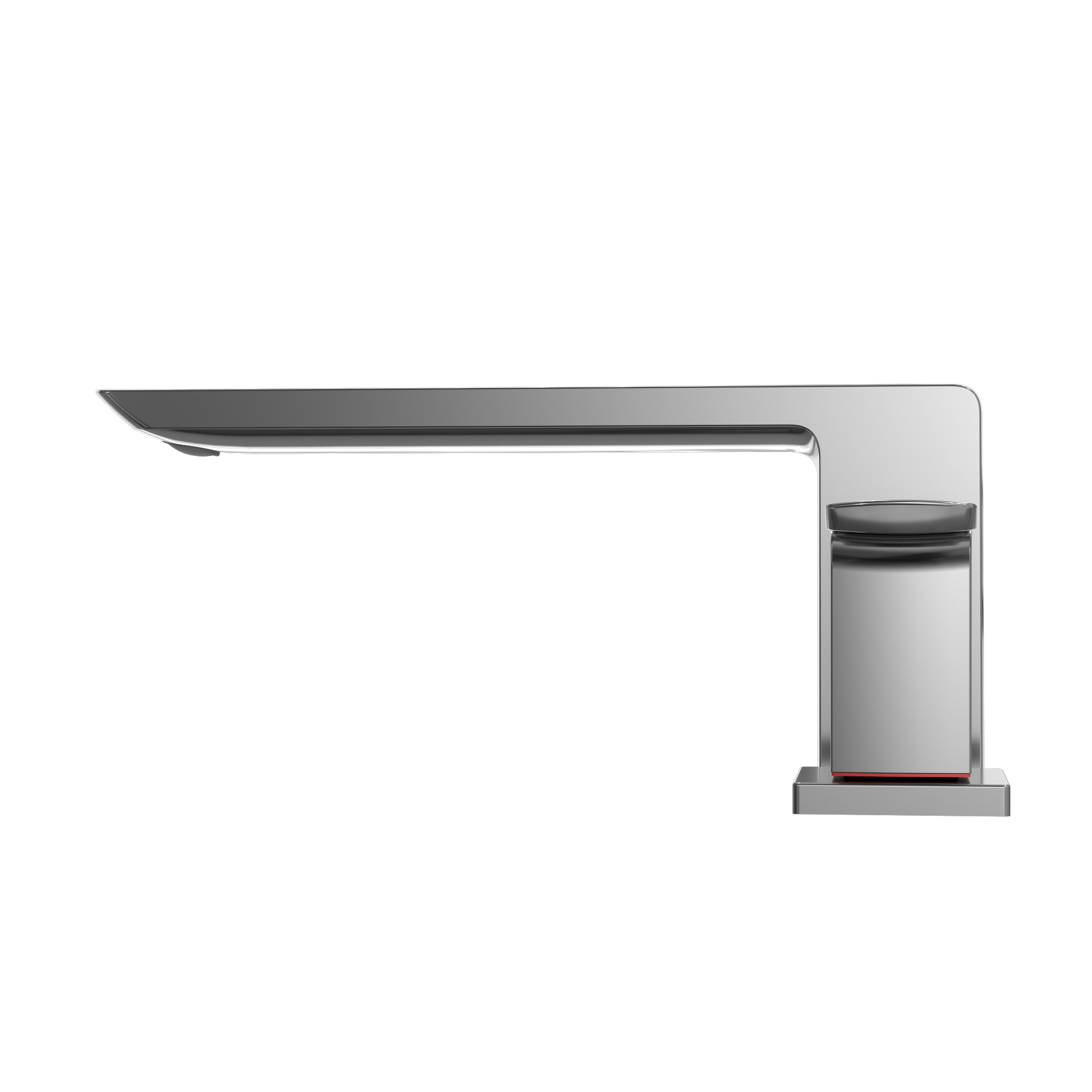 Polished chrome two-handle roman tub filler with curved spout and single lever controls on rectangular base.