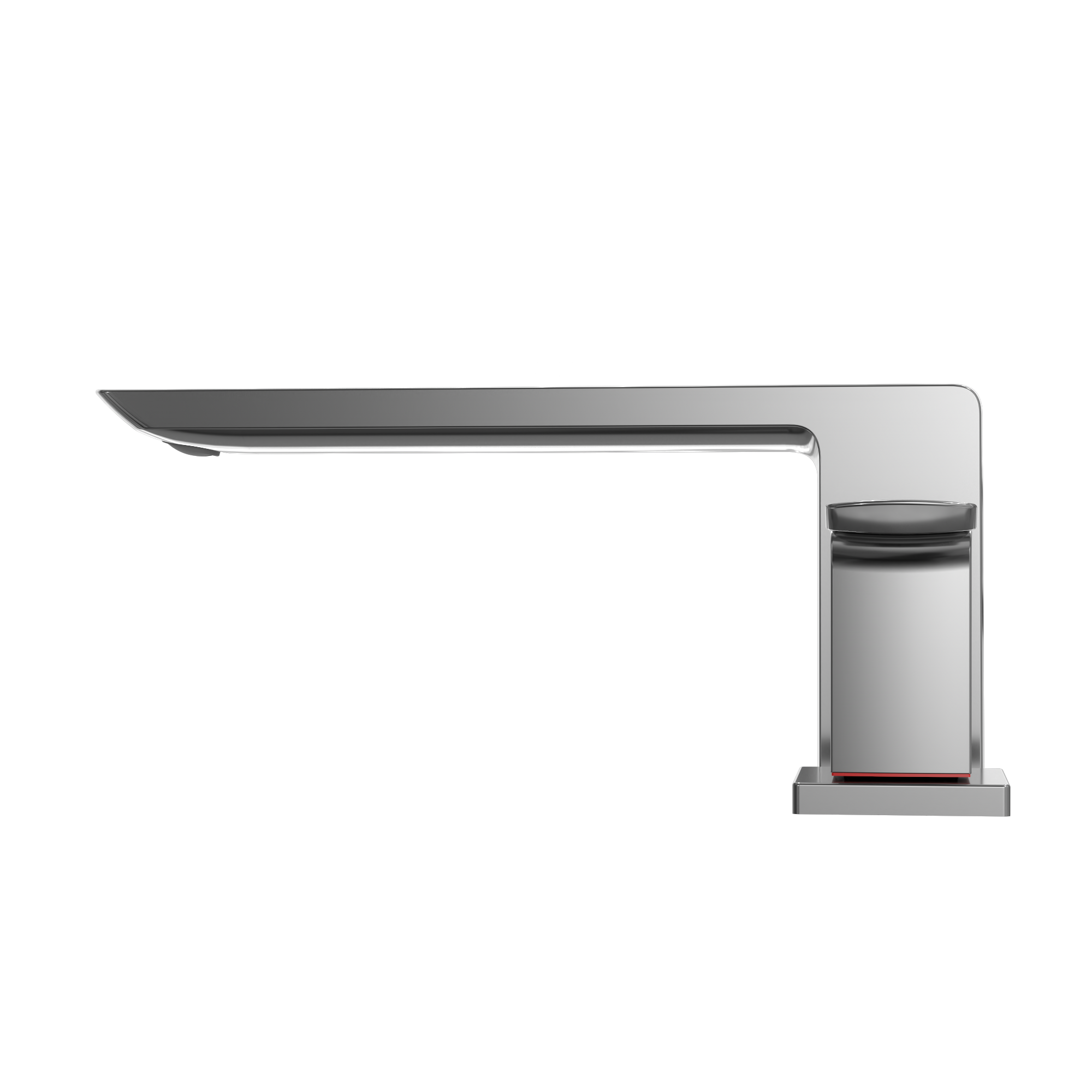 Polished chrome two-handle roman tub filler with curved spout and single lever controls on rectangular base.