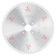 Silver circular saw blade with white teeth around edge, center arbor hole, and red markings on face.