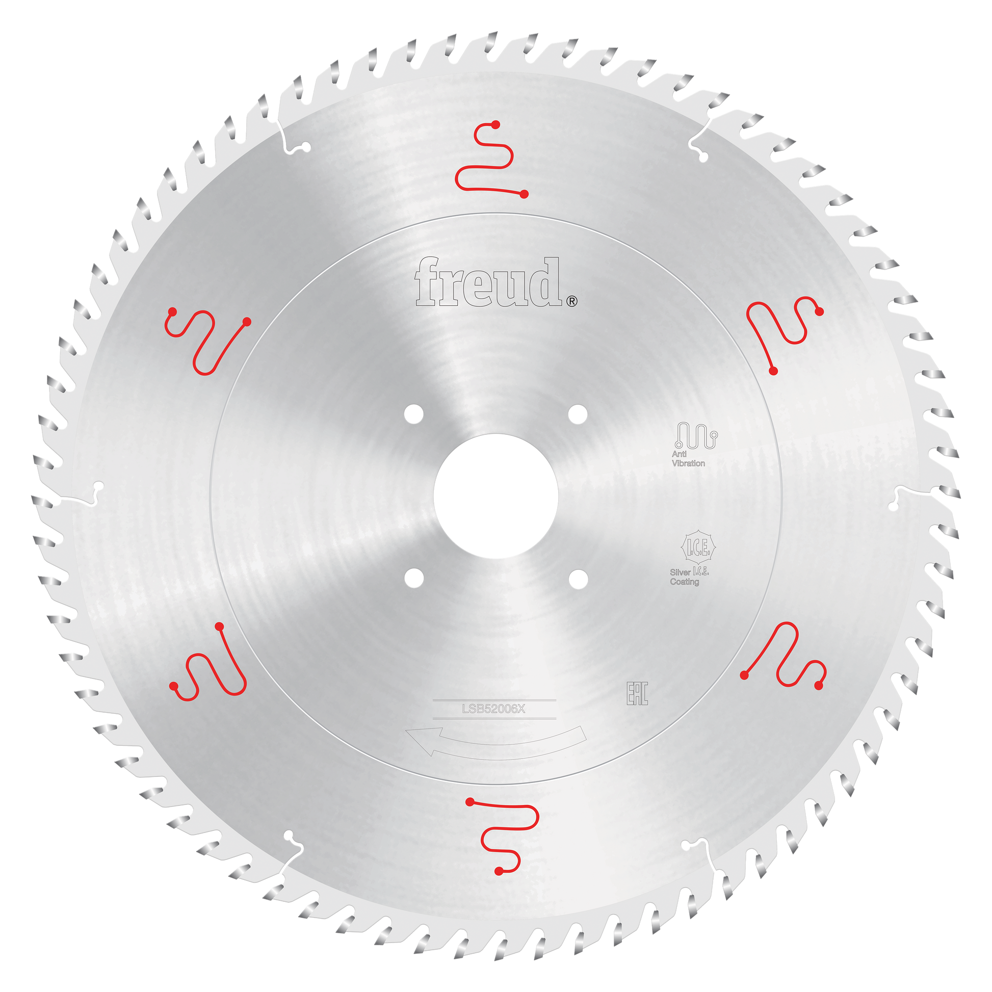 Silver circular saw blade with white teeth around edge, center arbor hole, and red markings on face.