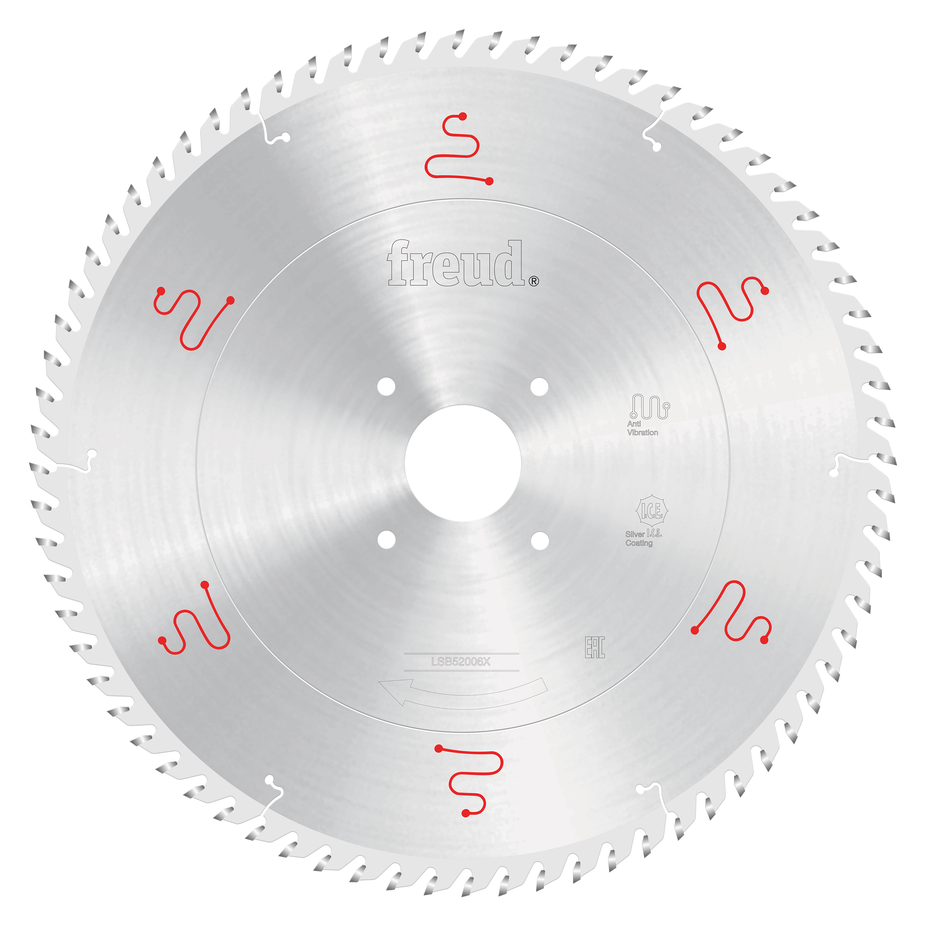Silver circular saw blade with white teeth around edge, center arbor hole, and red markings on face.