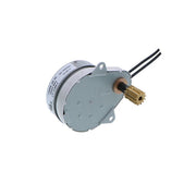 Gray timer motor with brass shaft, two black electrical wires, and mounting bracket for water treatment control valve.
