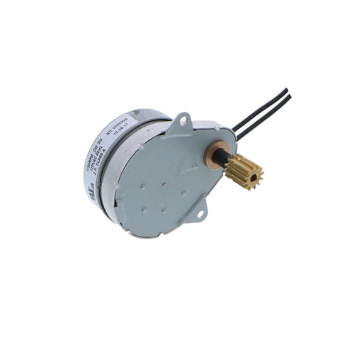 Gray timer motor with brass shaft, two black electrical wires, and mounting bracket for water treatment control valve.