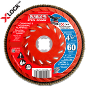 Red Diablo flap disc with tan abrasive surface, 4-1/2 inch diameter, 60-grit, with X-LOCK arbor hole for grinders.