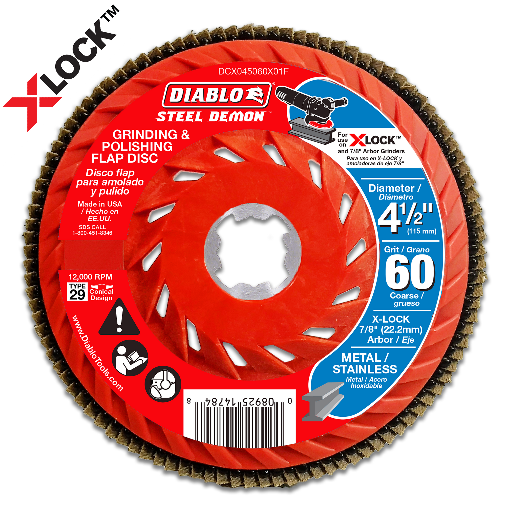 Red Diablo flap disc with tan abrasive surface, 4-1/2 inch diameter, 60-grit, with X-LOCK arbor hole for grinders.