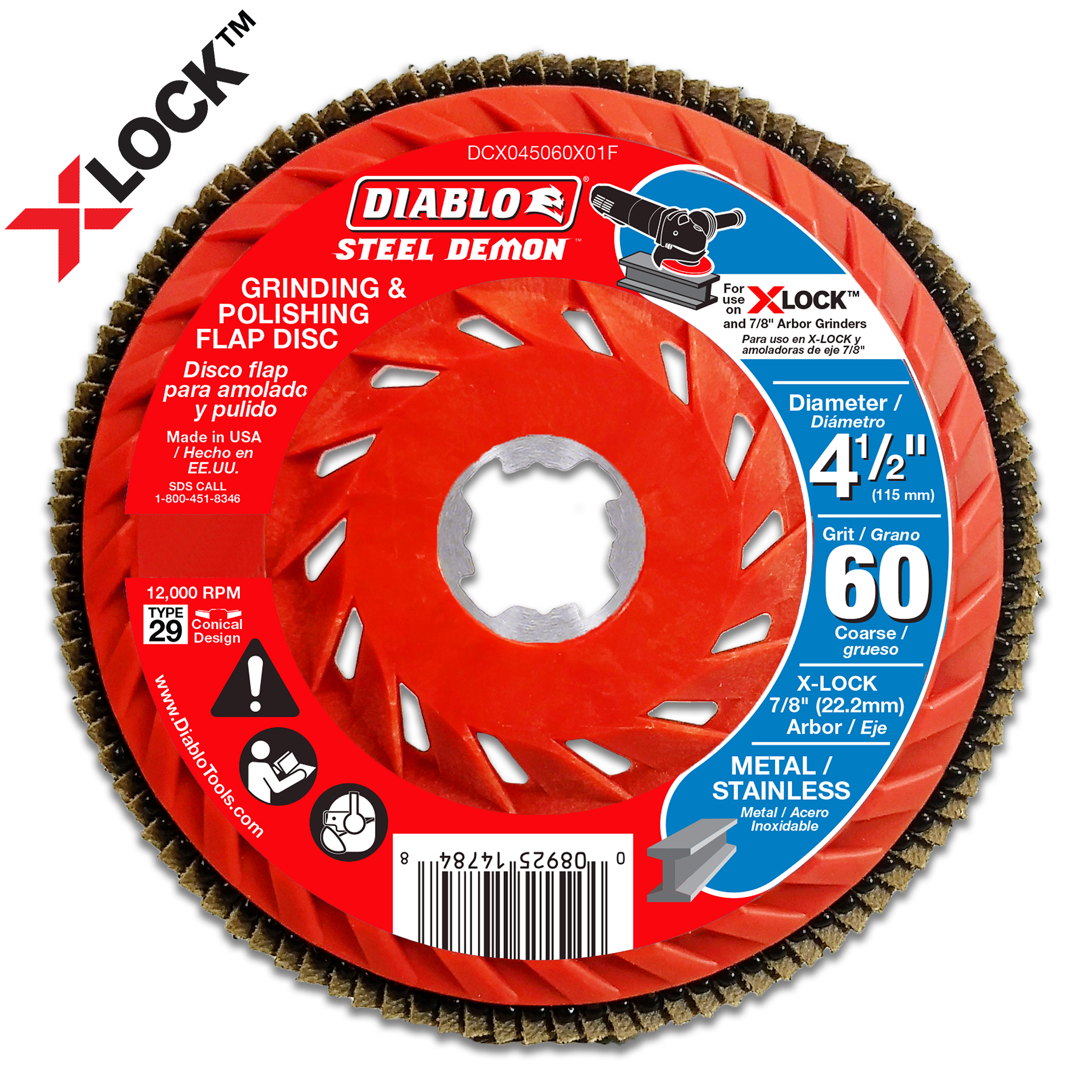 Red 4-1/2 inch flap disc with 60-grit abrasive coating and X-Lock arbor for grinding and polishing metal.