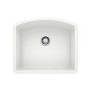 White single bowl undermount kitchen sink with rounded corners and chrome drain strainer.
