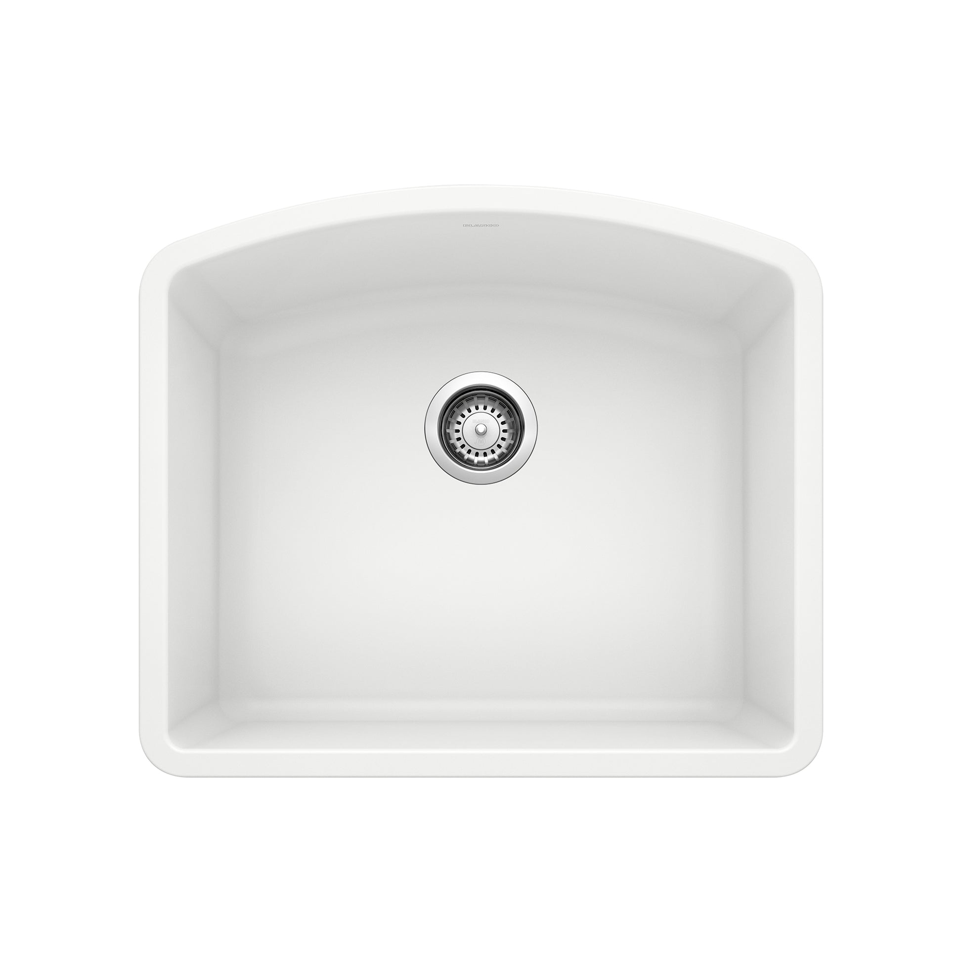 White single bowl undermount kitchen sink with rounded corners and chrome drain strainer.
