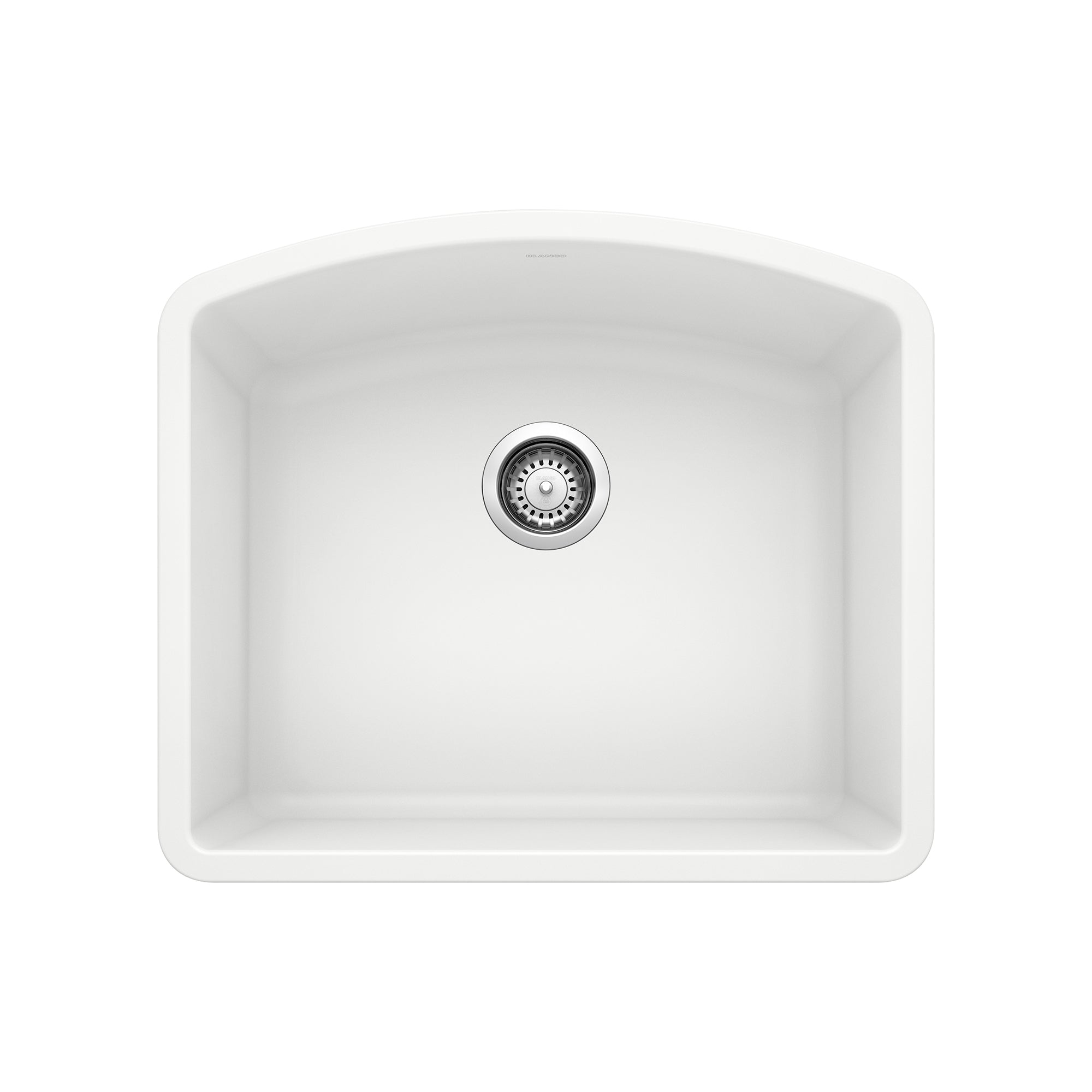 White single bowl undermount kitchen sink with rounded corners and chrome drain strainer.