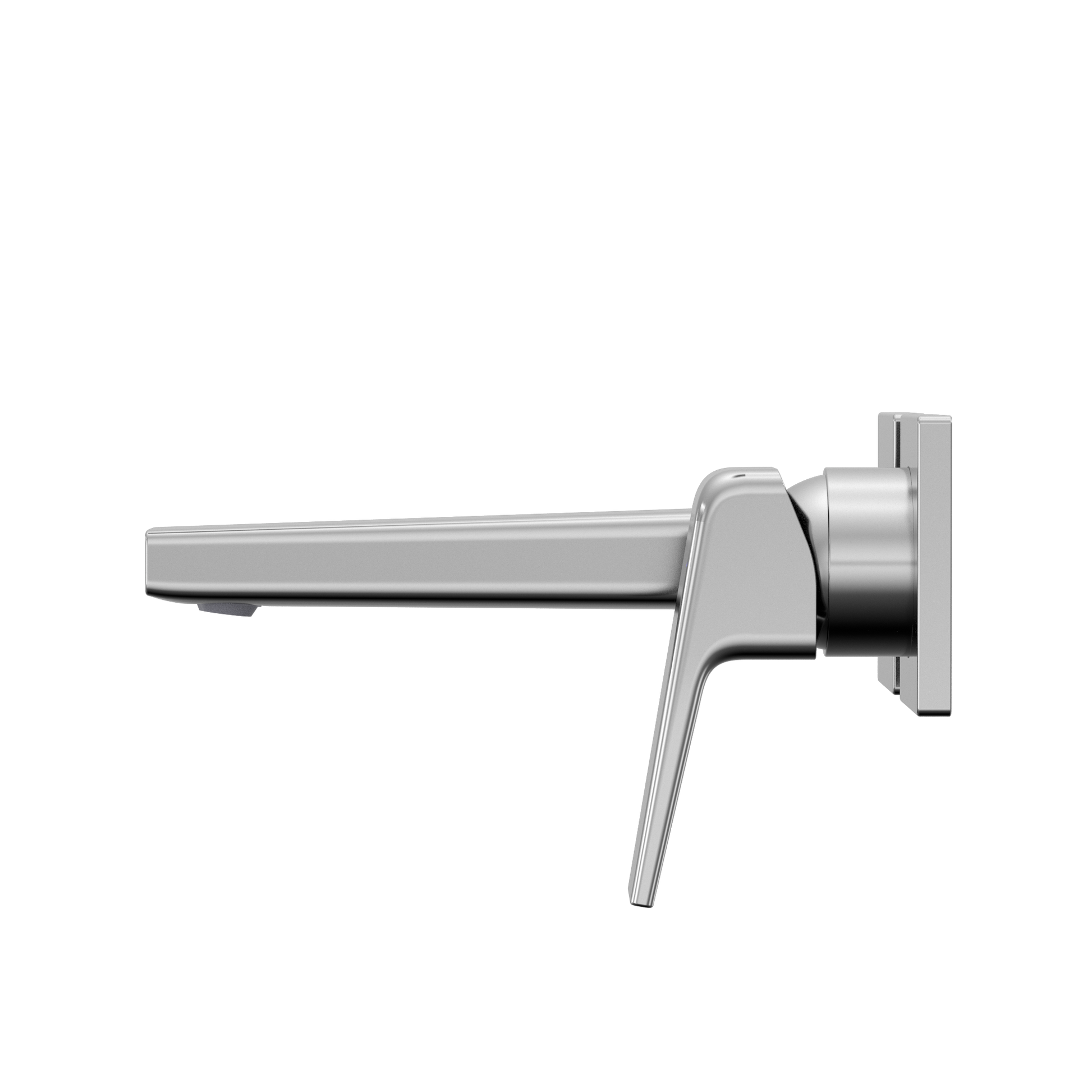 Polished chrome wall-mount bathroom faucet with single lever handle and extended spout.