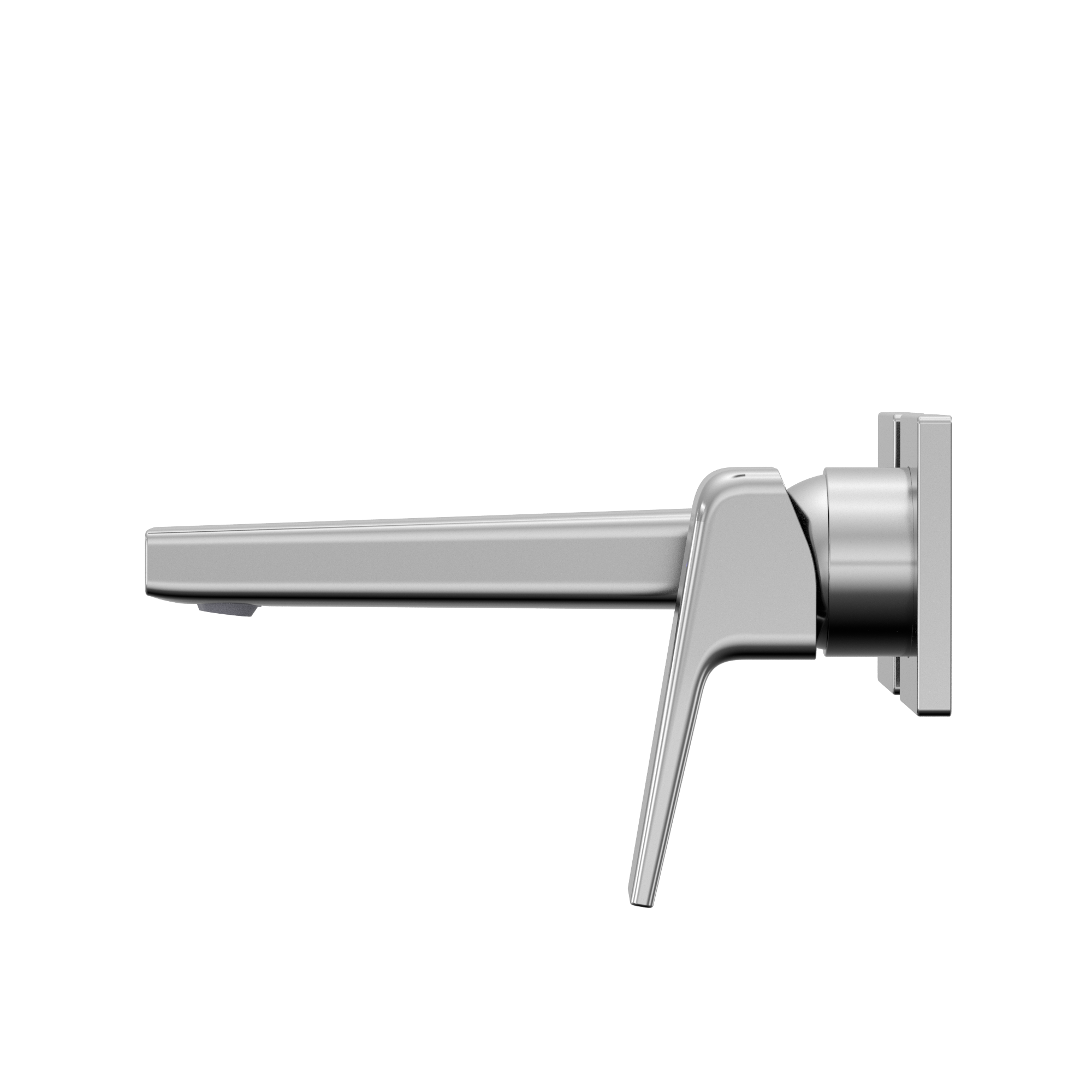 Polished chrome wall-mount bathroom faucet with single lever handle and extended spout.