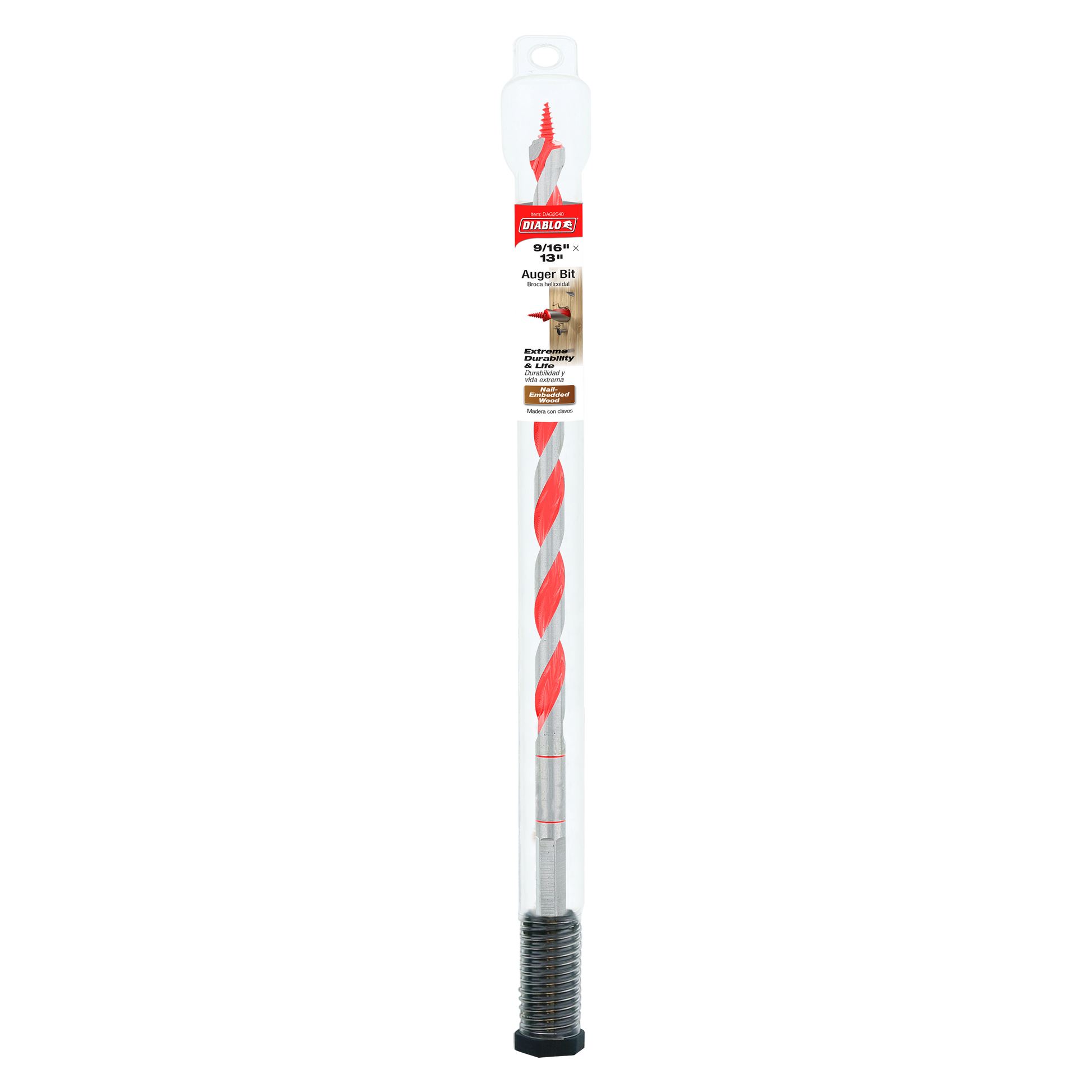 Diablo auger bit with red and silver twisted flutes, threaded base, and packaging showing 9/16 inch by 13 inch specifications