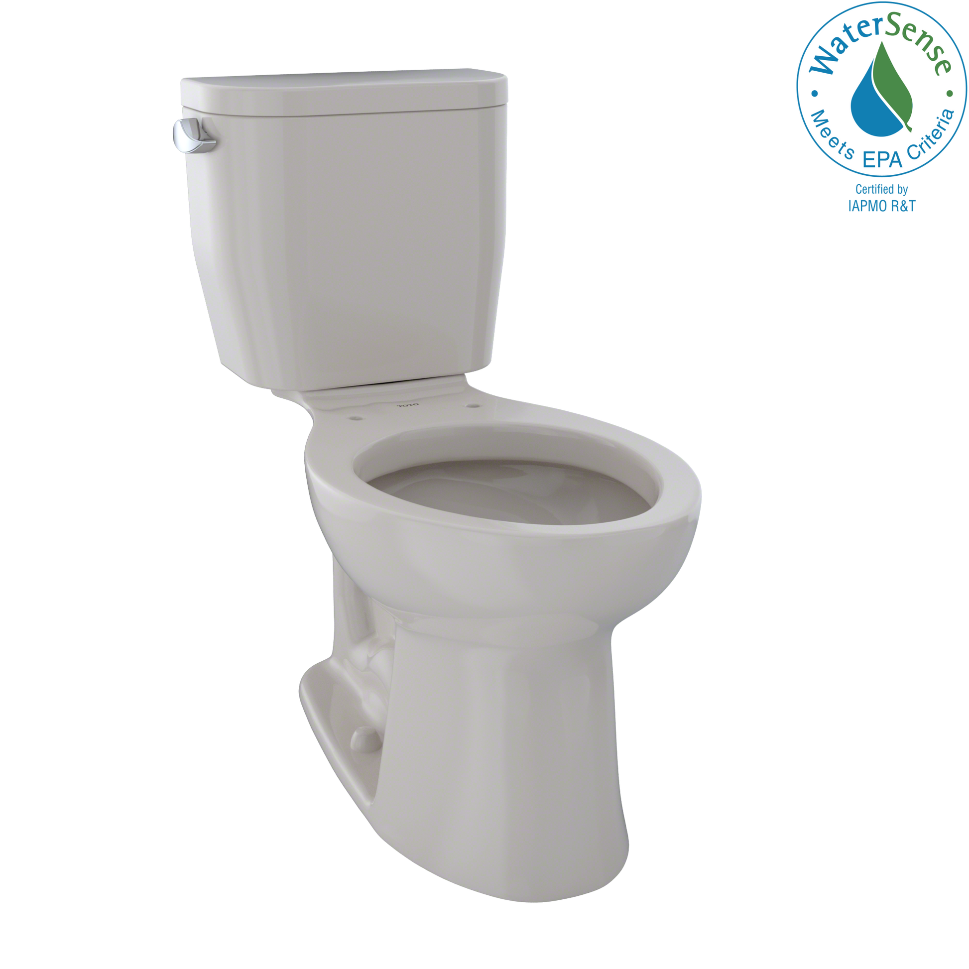 Two-piece elongated toilet in light gray with separate tank and bowl, featuring lever flush handle on the side.