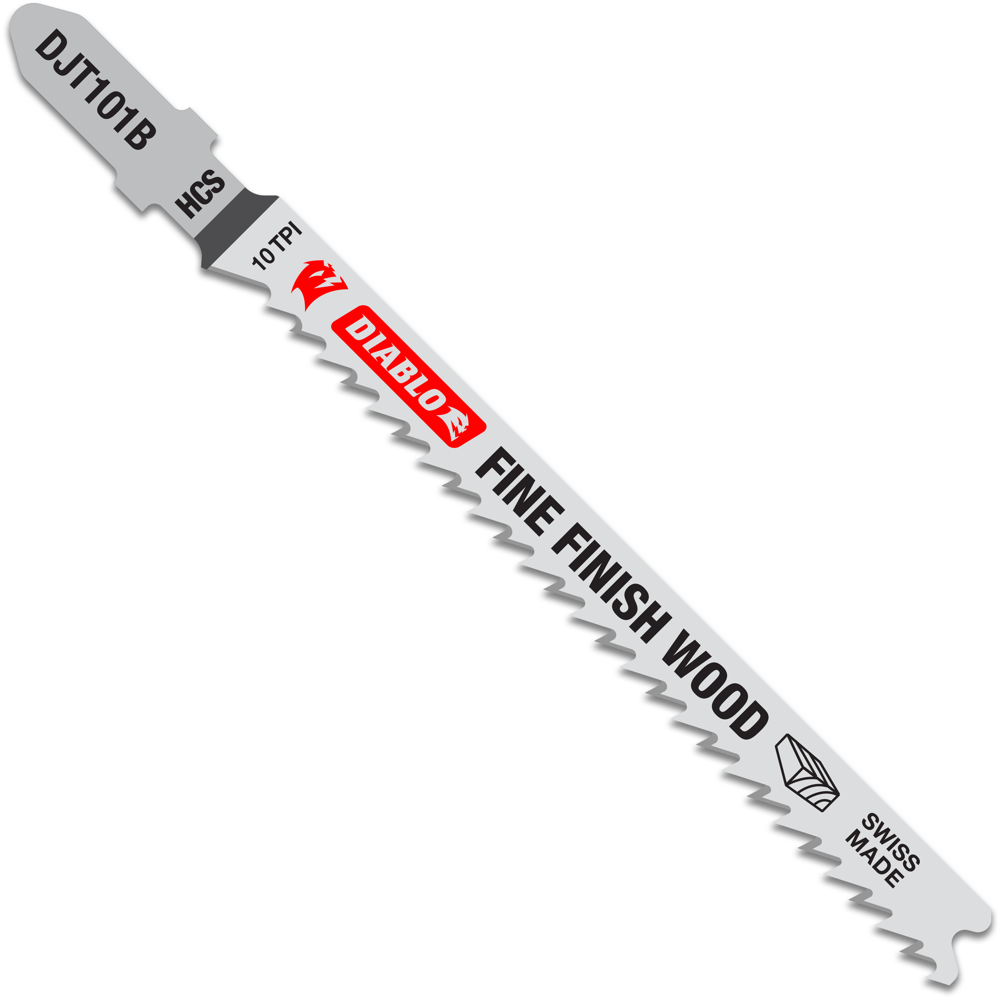 Diablo DJT101B5 T-shank jig saw blade with fine teeth and "Fine Finish Wood" labeling on gray metal body.