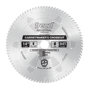 14" circular saw blade with 84 teeth, silver finish, labeled Freud Industrial Cabinetmaker's Crosscut.