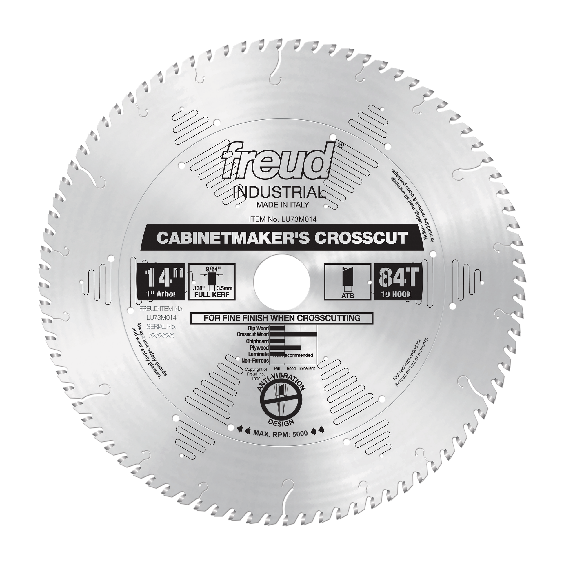 14" circular saw blade with 84 teeth, silver finish, labeled Freud Industrial Cabinetmaker's Crosscut.