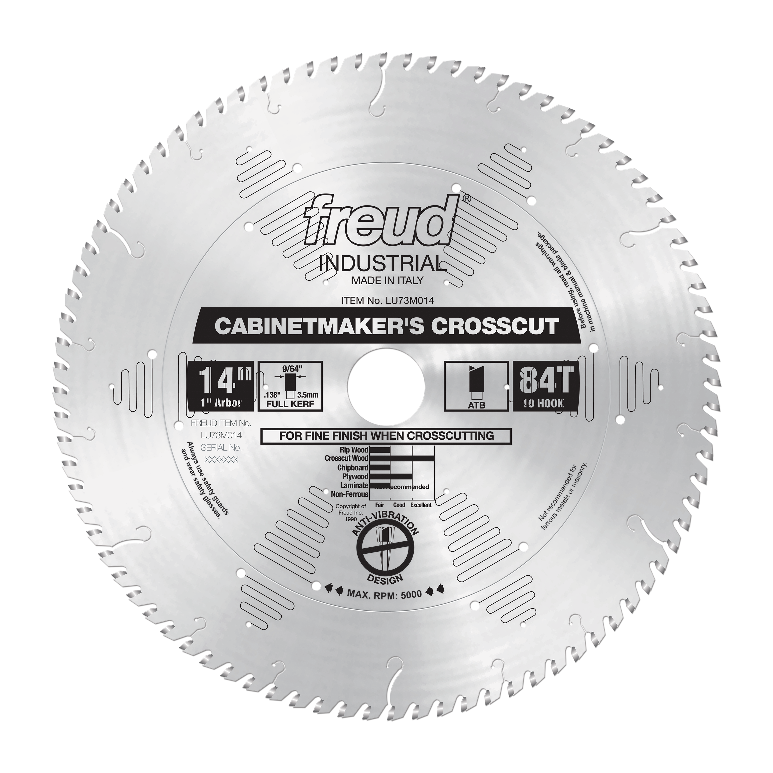 14" circular saw blade with 84 teeth, silver finish, labeled Freud Industrial Cabinetmaker's Crosscut.