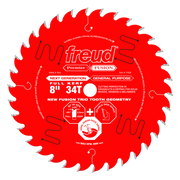 Red circular saw blade with 34 teeth, gray tooth tips, and white Freud Premier Fusion branding and specifications printed on 