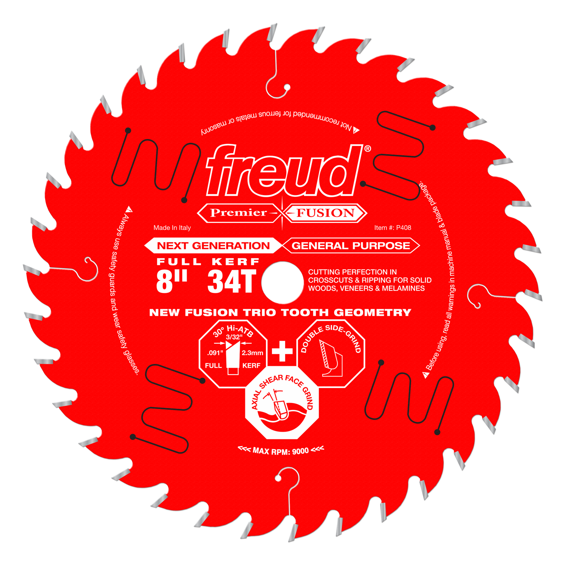 Red circular saw blade with 34 teeth, gray tooth tips, and white Freud Premier Fusion branding and specifications printed on 