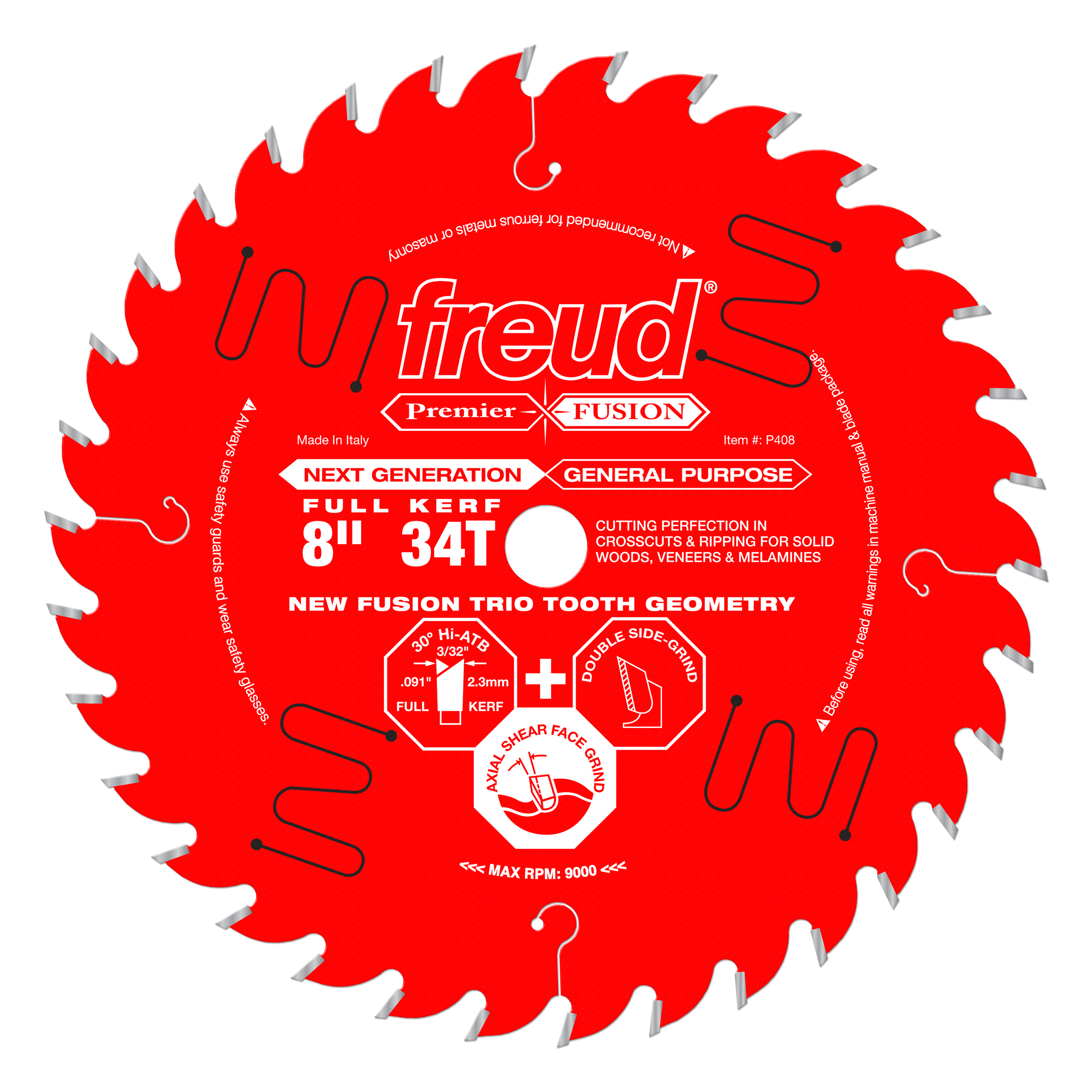Red circular saw blade with 34 teeth, gray tooth tips, and white Freud Premier Fusion branding and specifications printed on 