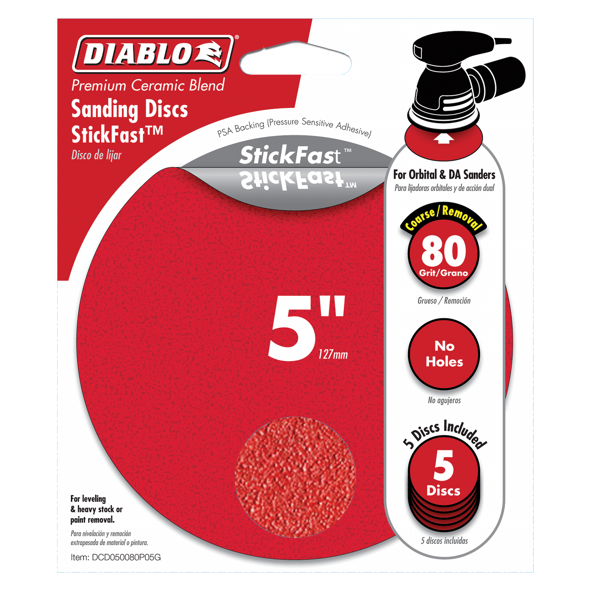 Five red 5-inch sanding discs with 80-grit coarse ceramic blend, StickFast adhesive backing, no holes.