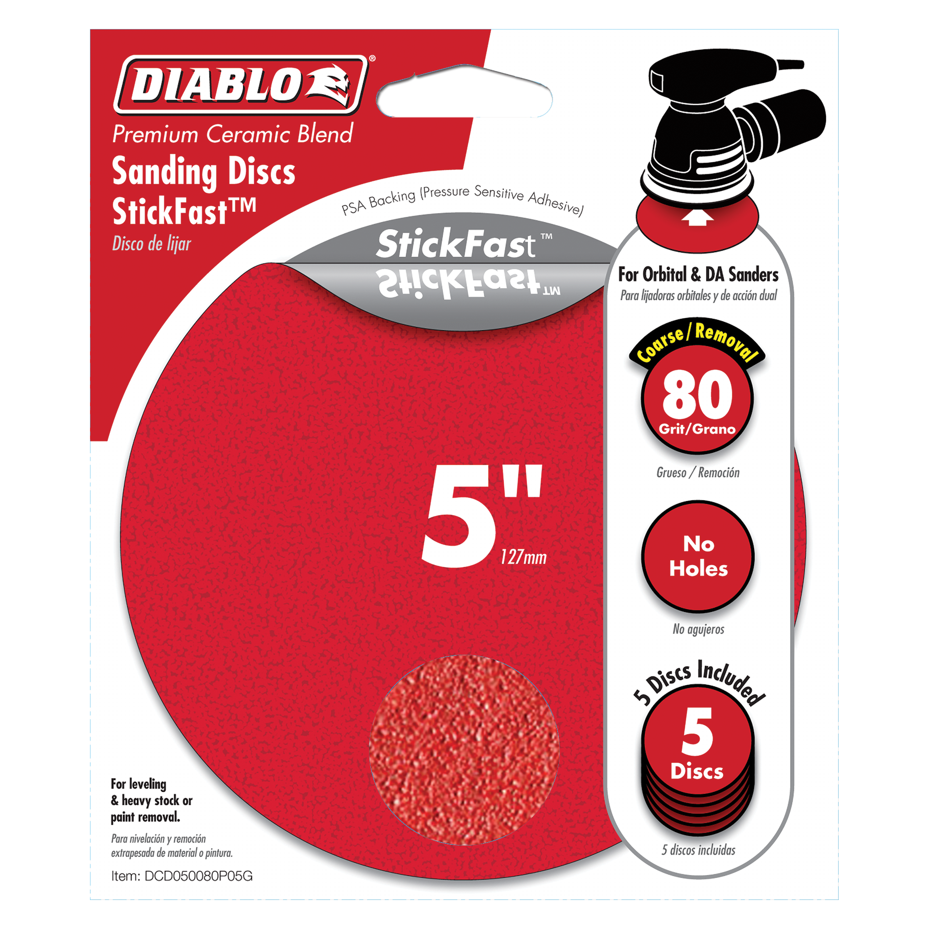 Five red 5-inch sanding discs with 80-grit coarse ceramic blend, StickFast adhesive backing, no holes.