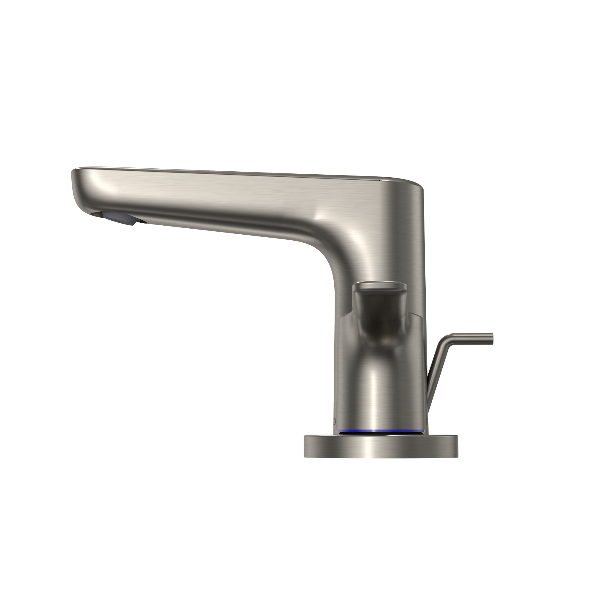 Brushed nickel two-handle widespread bathroom sink faucet with curved spout and lever handles.