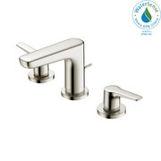 Brushed nickel two-handle widespread bathroom sink faucet with curved spout and lever handles.