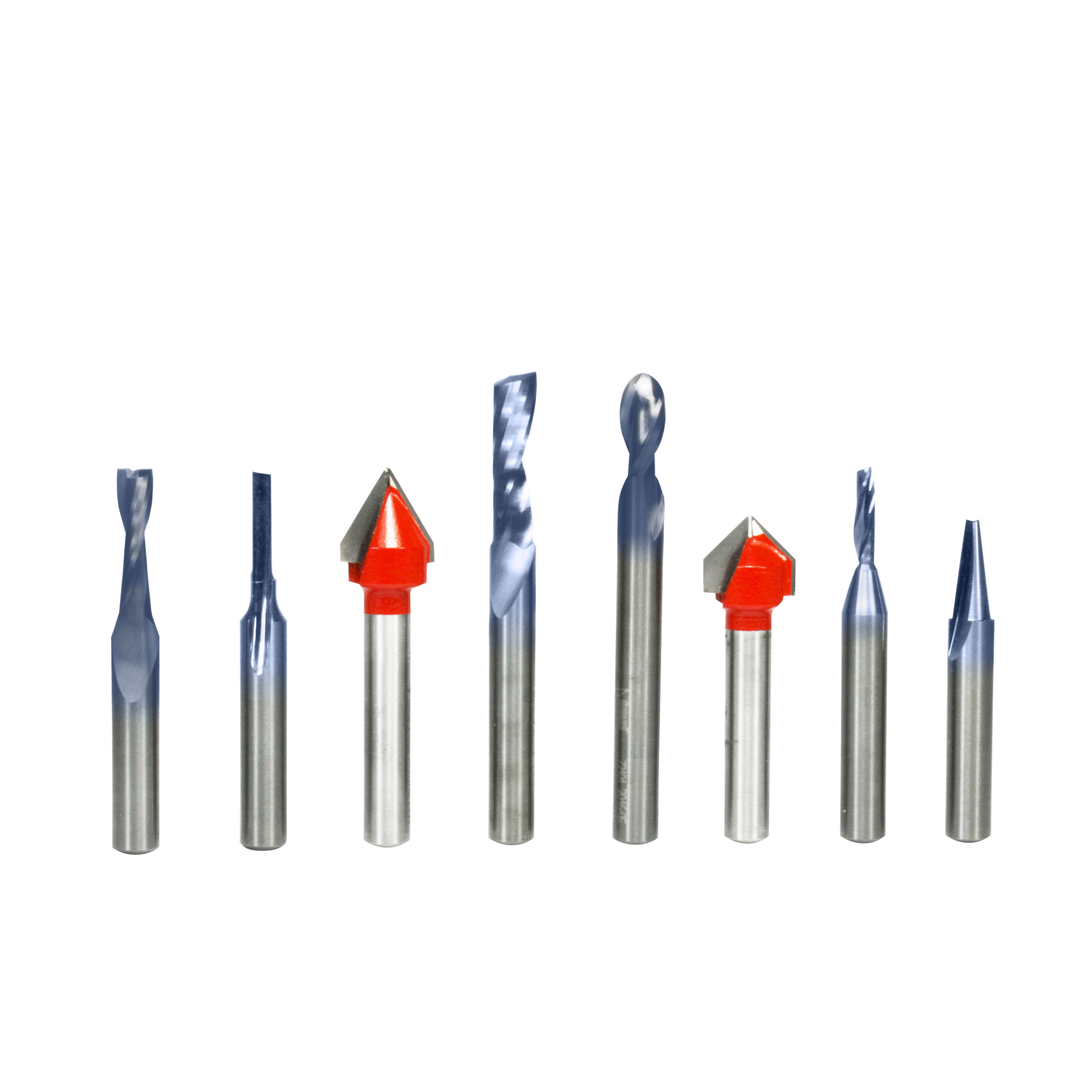 Eight CNC router bits with silver shafts and various cutting head styles, including two red pointed bits and six blue spiral 