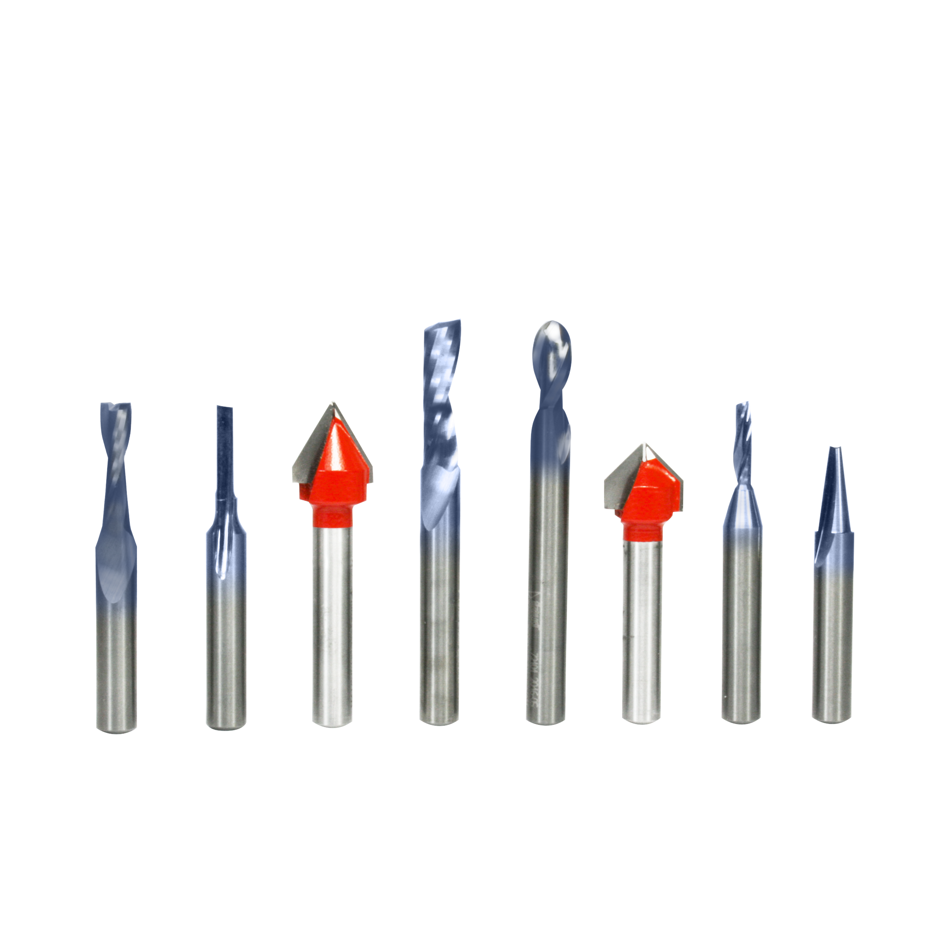 Eight CNC router bits with silver shafts and various cutting head styles, including two red pointed bits and six blue spiral 