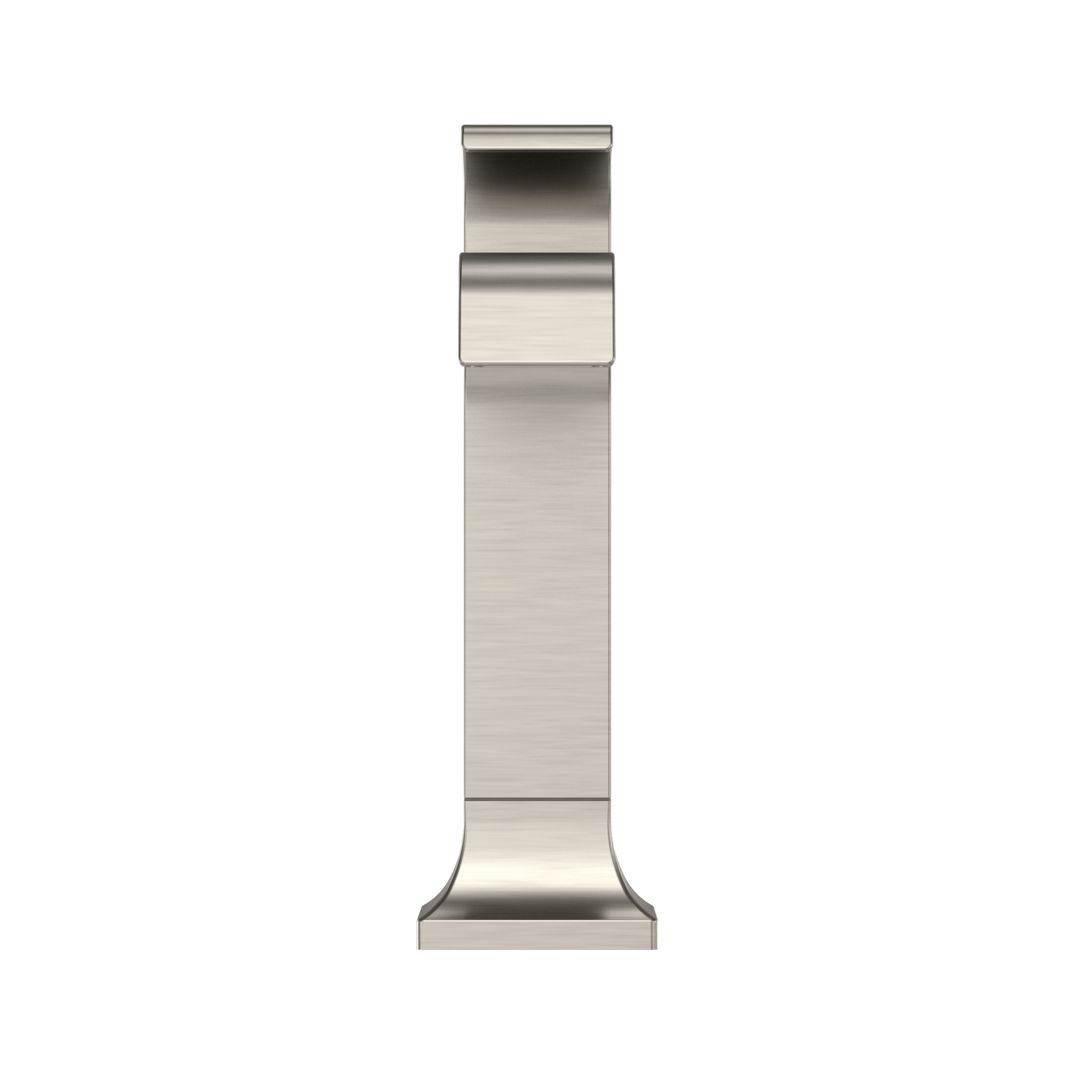 Brushed nickel single-handle bathroom sink faucet with tall rectangular spout and geometric base design.