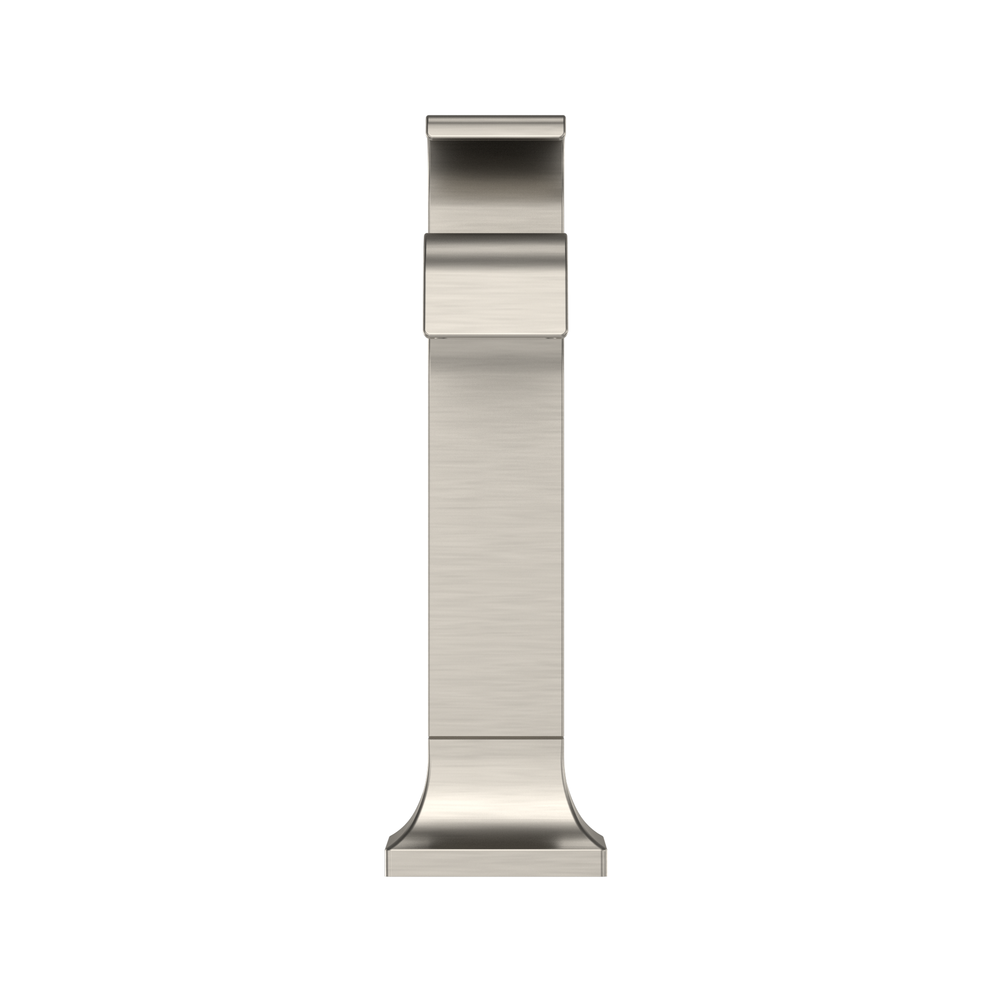 Brushed nickel single-handle bathroom sink faucet with tall rectangular spout and geometric base design.