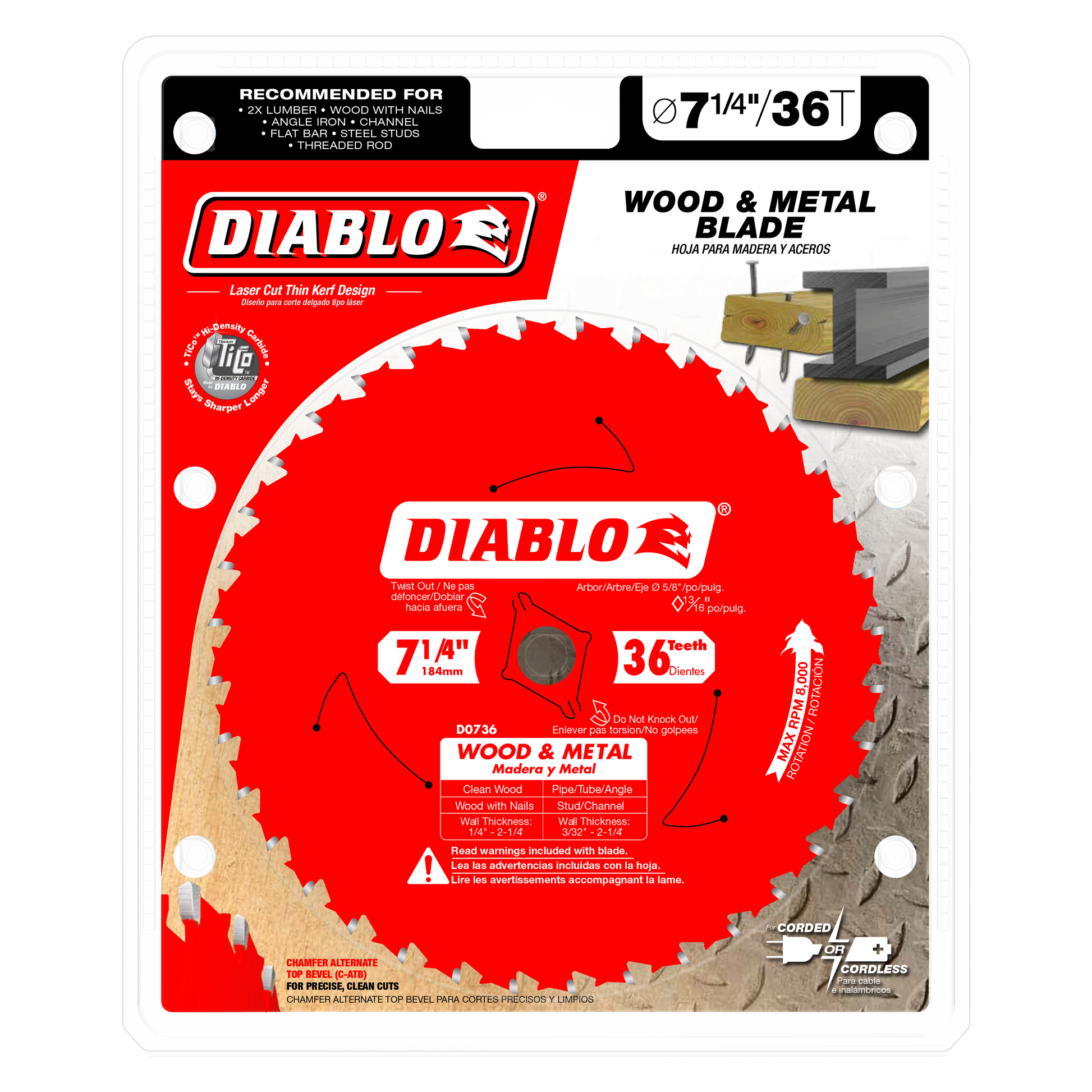 Red Diablo saw blade with 36 carbide teeth, 7-1/4 inch diameter, mounted on red and white packaging with product specificatio