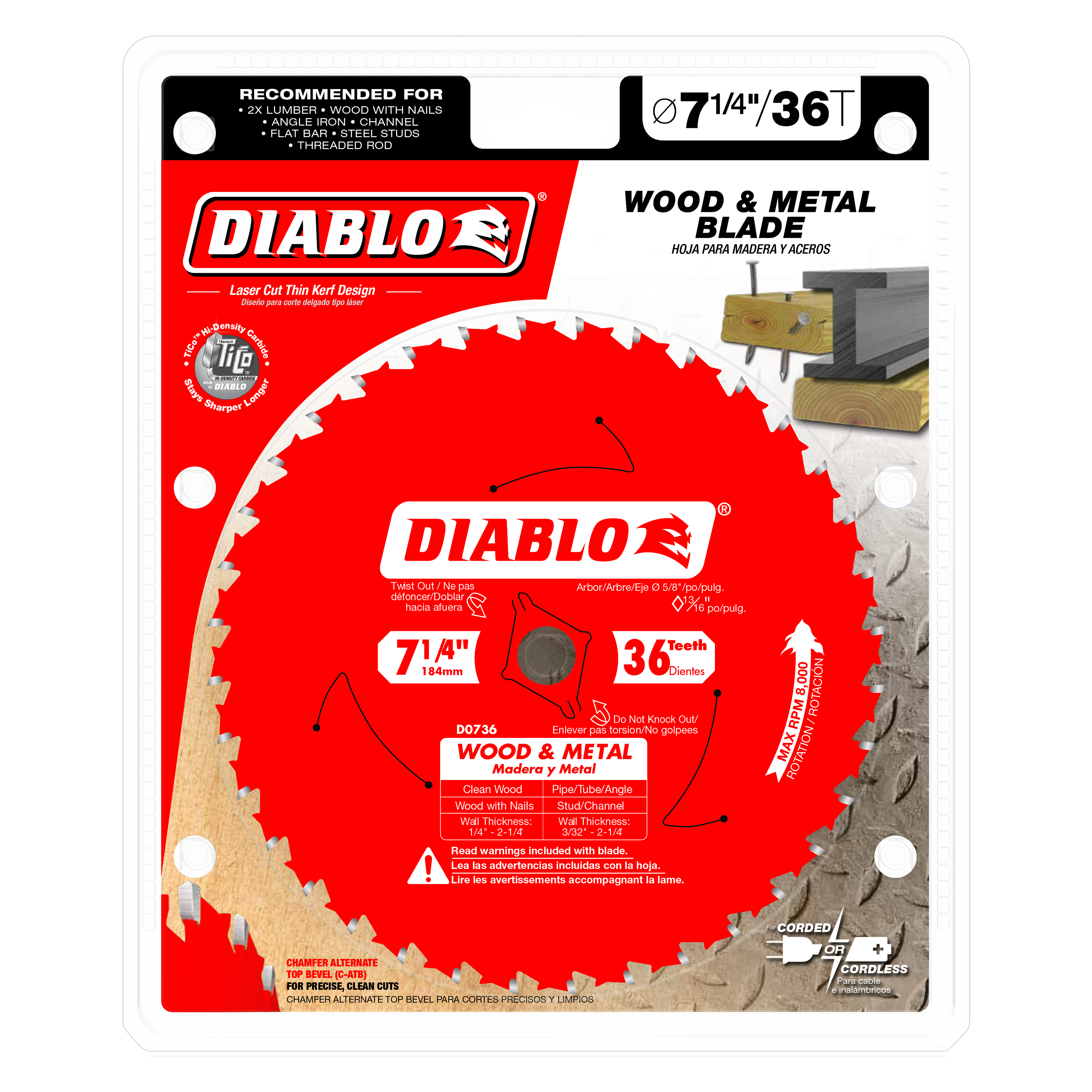 Red Diablo saw blade with 36 carbide teeth, 7-1/4 inch diameter, mounted on red and white packaging with product specificatio