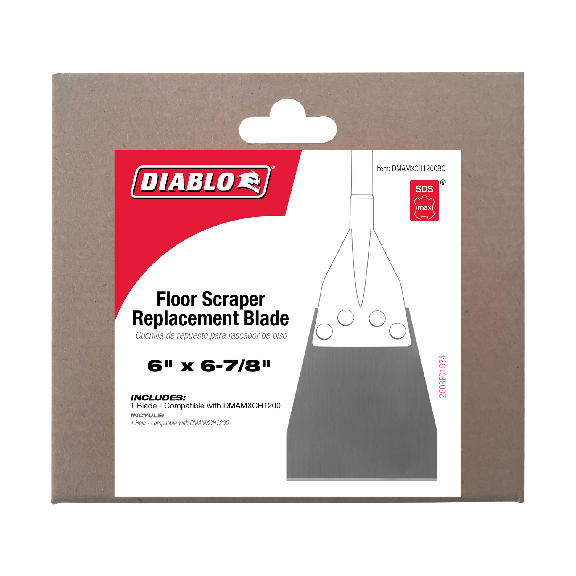 Diablo floor scraper replacement blade package with 6" x 6-7/8" gray metal blade and SDS-Max connection.